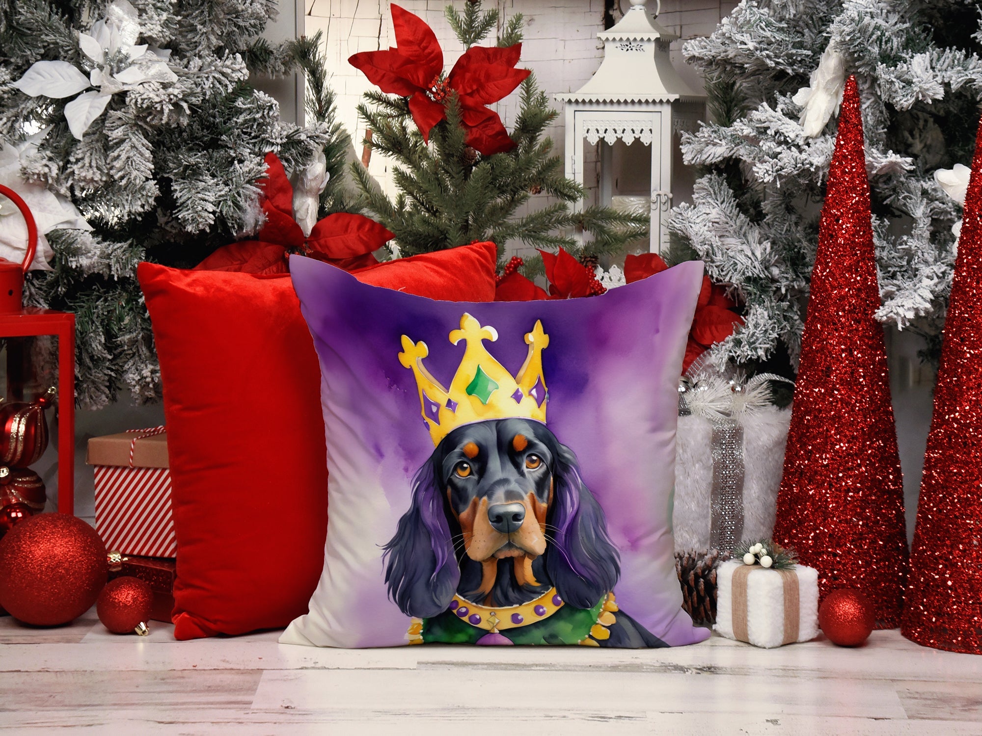 Gordon Setter King of Mardi Gras Decorative Throw Pillow 18x18 Indoor Outdoor Accent Cushion, Fabric Cover with Insert for Sofa, Bed, Porch & Living Room