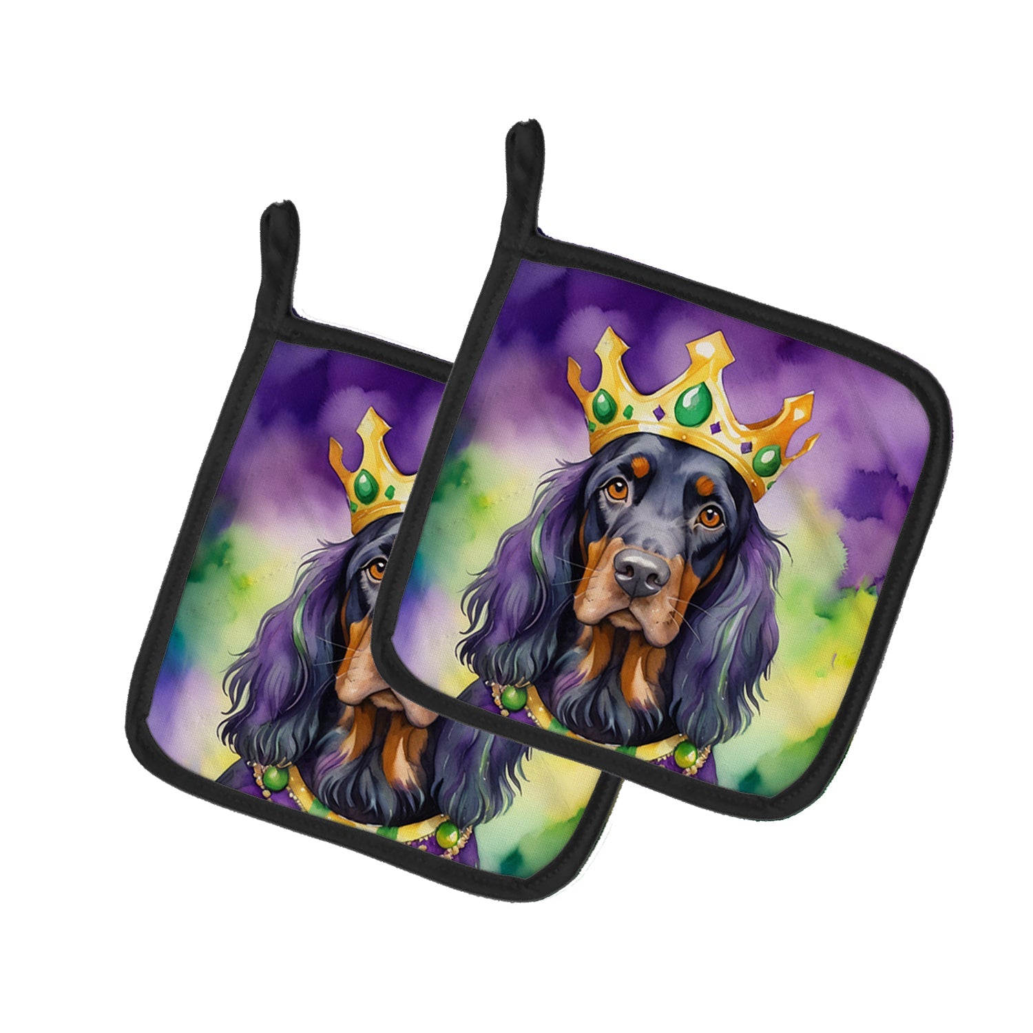 Gordon Setter King of Mardi Gras Pot Holder Set of 2 Heat Resistant Quilted Hot Pads 7.5 x 7.5 Inch, Insulated Kitchen Trivets for Cooking & Baking