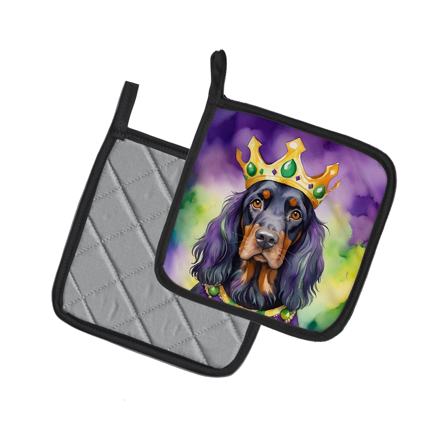 Gordon Setter King of Mardi Gras Pot Holder Set of 2 Heat Resistant Quilted Hot Pads 7.5 x 7.5 Inch, Insulated Kitchen Trivets for Cooking & Baking