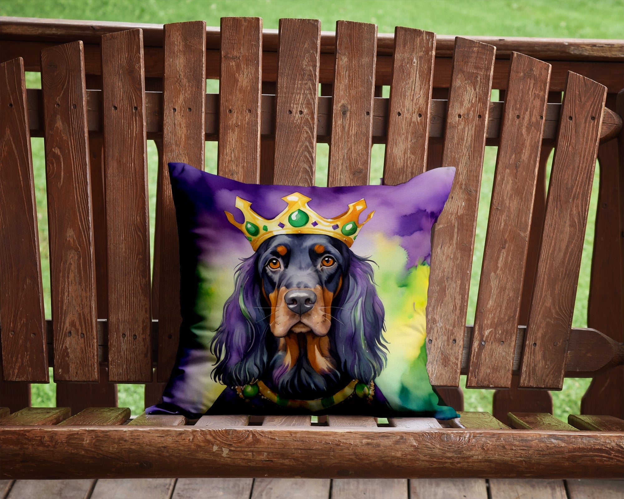 Gordon Setter King of Mardi Gras Decorative Throw Pillow 14x14 Indoor Outdoor Accent Cushion, Fabric Cover with Insert for Sofa, Bed, Porch & Living Room