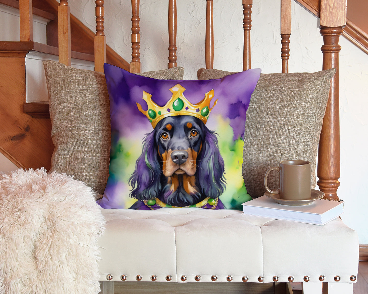 Gordon Setter King of Mardi Gras Decorative Throw Pillow 14x14 Indoor Outdoor Accent Cushion, Fabric Cover with Insert for Sofa, Bed, Porch & Living Room