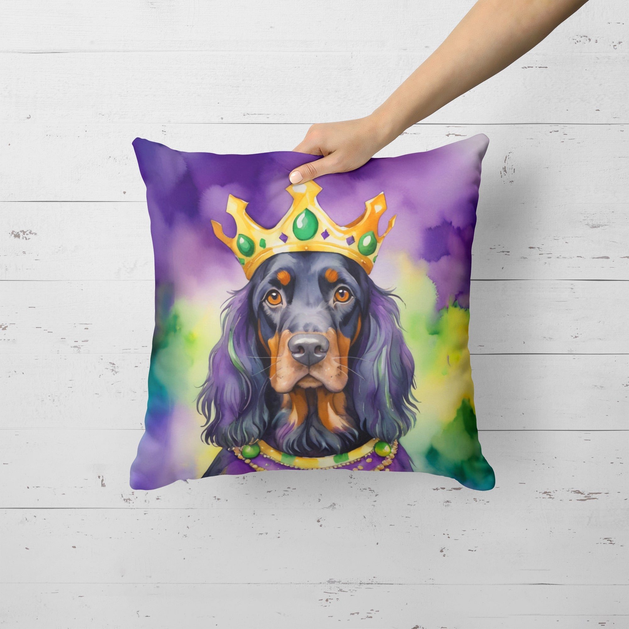 Gordon Setter King of Mardi Gras Decorative Throw Pillow 18x18 Indoor Outdoor Accent Cushion, Fabric Cover with Insert for Sofa, Bed, Porch & Living Room
