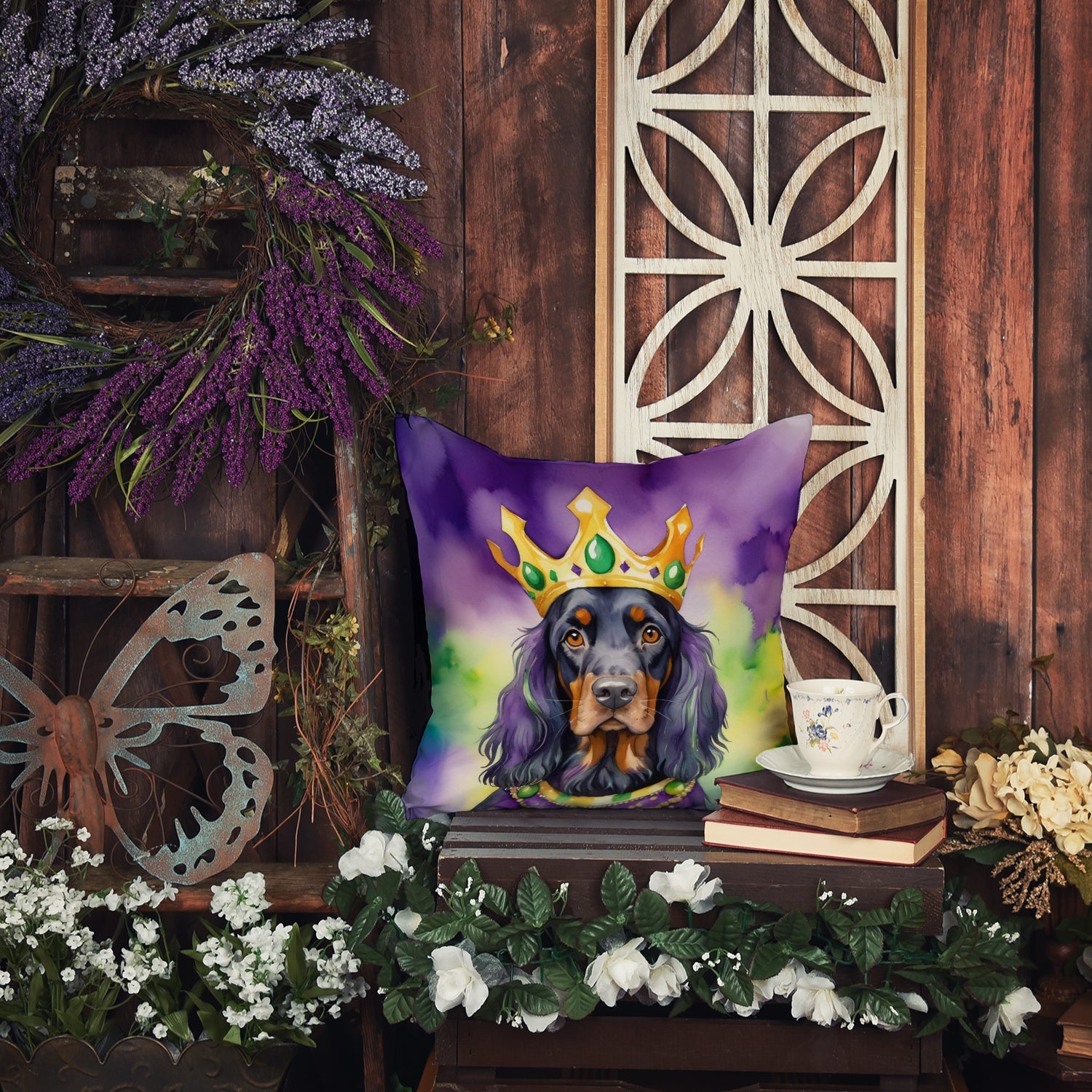 Gordon Setter King of Mardi Gras Decorative Throw Pillow 18x18 Indoor Outdoor Accent Cushion, Fabric Cover with Insert for Sofa, Bed, Porch & Living Room