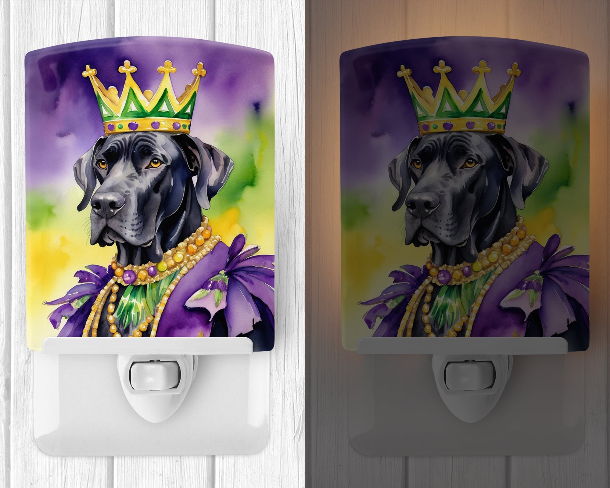 Great Dane King of Mardi Gras Ceramic Night Light Compact, UL-Certified, Ideal for Bedroom, Bathroom, Nursery, Hallway, Kitchen, 6x4x3, Multicolor
