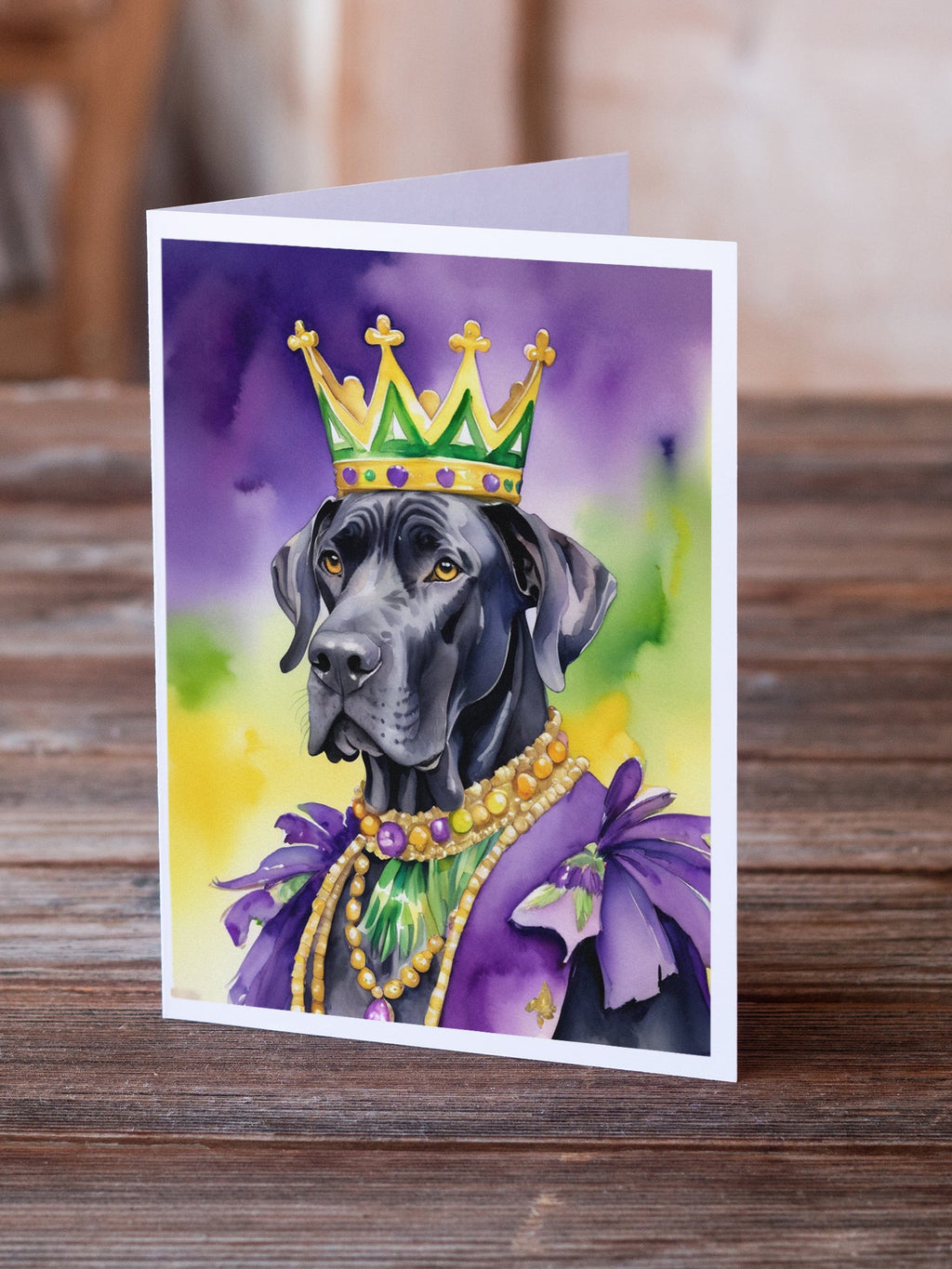 Great Dane King of Mardi Gras Greeting Cards Pack of 8 Blank Cards with Envelopes Whimsical A7 Size 5x7