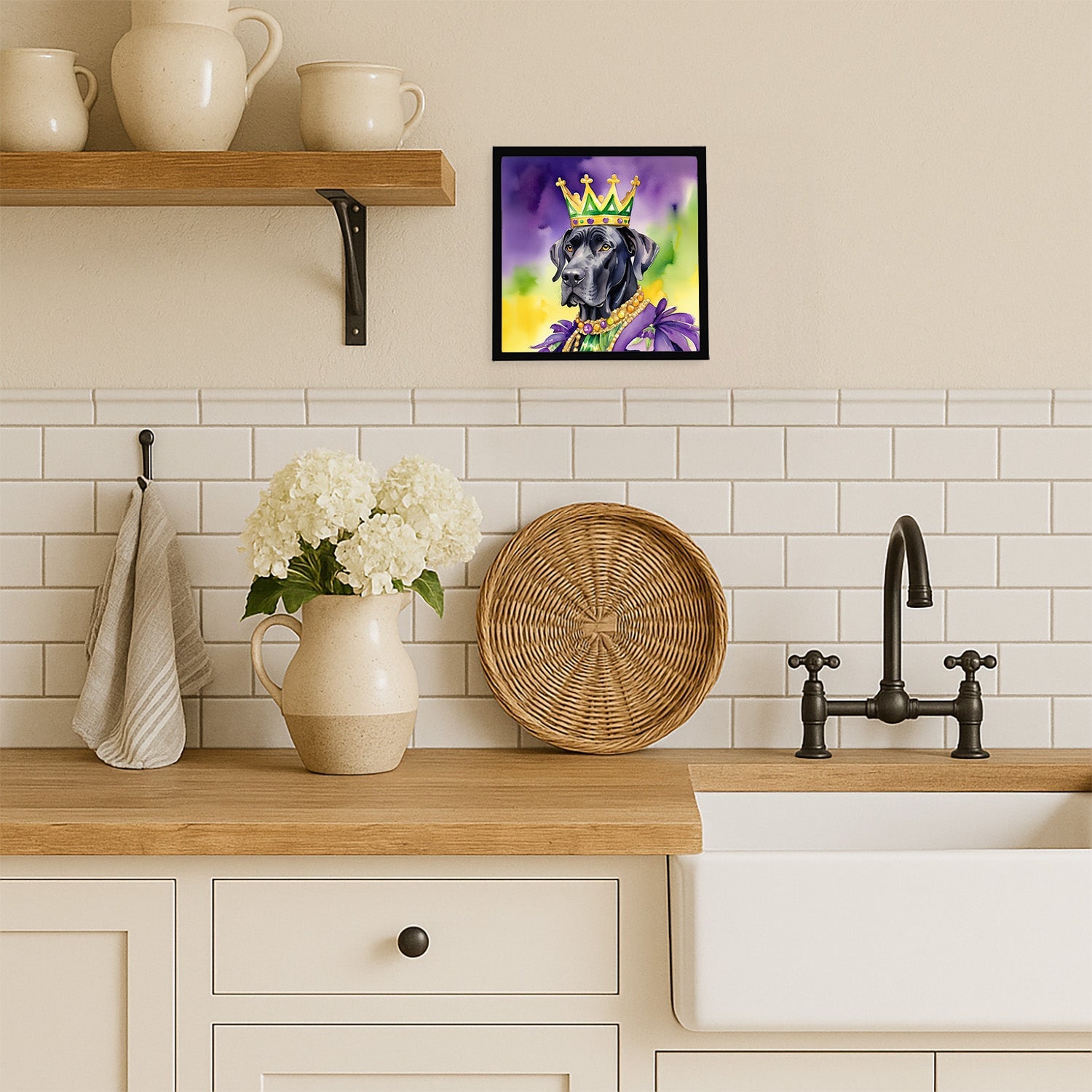 Great Dane King of Mardi Gras Framed Metal Print Bathroom, Kitchen, Office, Home Decor Wall Art Ready to Hang, Square, 8X8