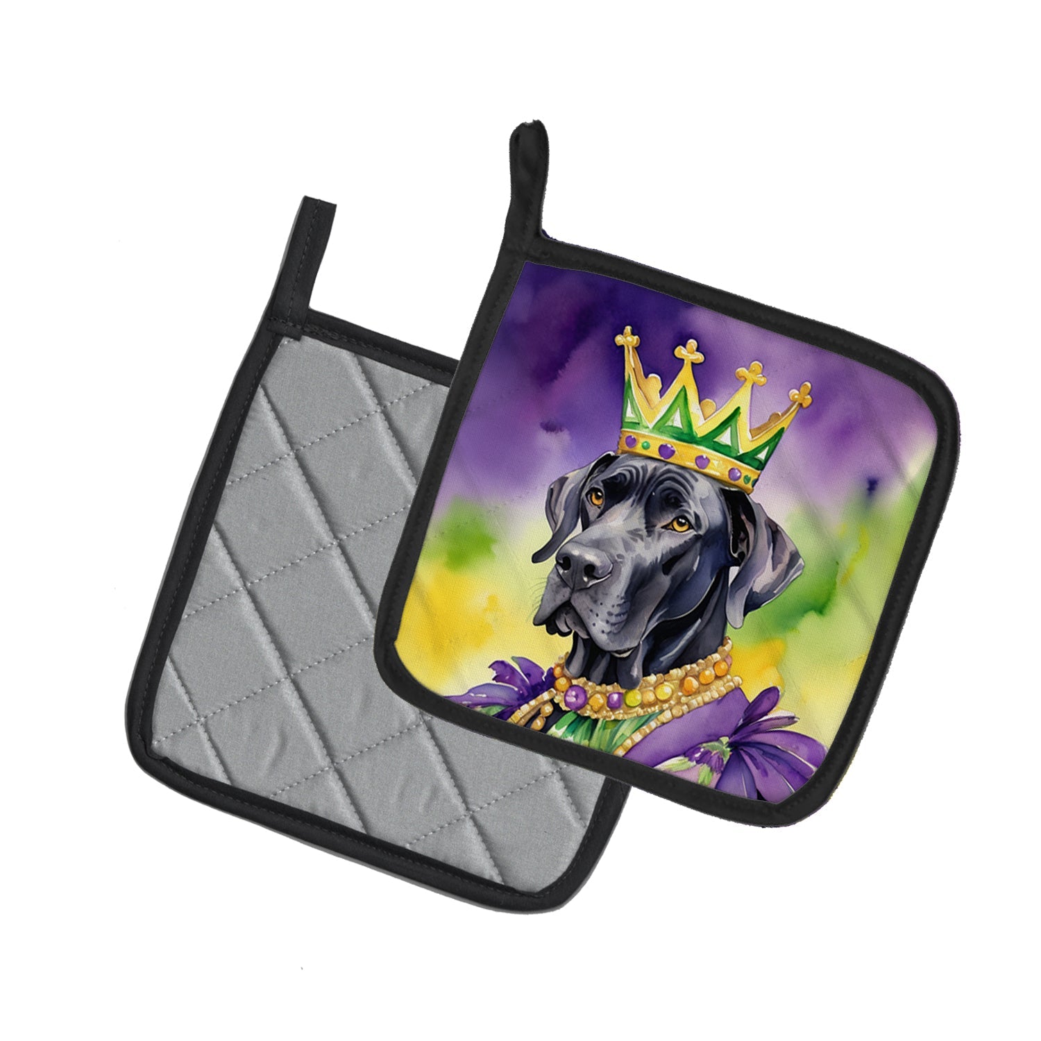 Great Dane King of Mardi Gras Pot Holder Set of 2 Heat Resistant Quilted Hot Pads 7.5 x 7.5 Inch, Insulated Kitchen Trivets for Cooking & Baking
