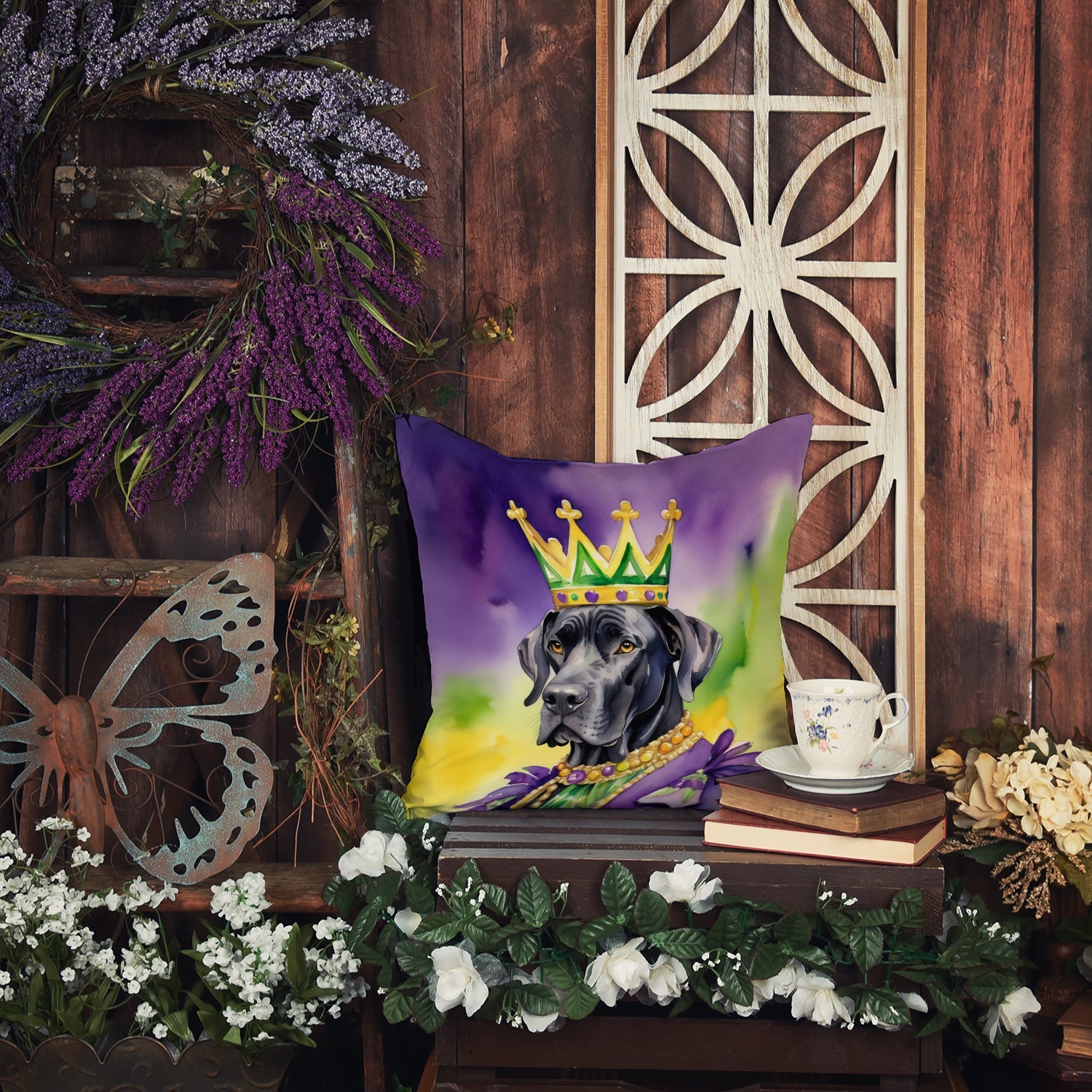 Great Dane King of Mardi Gras Decorative Throw Pillow 18x18 Indoor Outdoor Accent Cushion, Fabric Cover with Insert for Sofa, Bed, Porch & Living Room