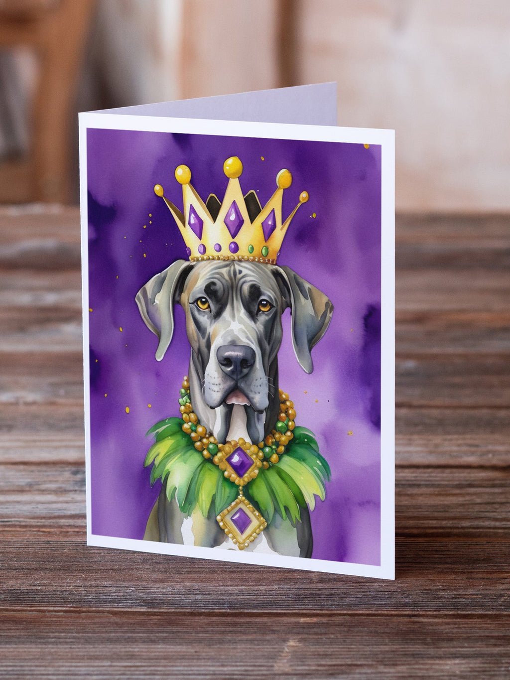 Great Dane King of Mardi Gras Greeting Cards Pack of 8 Blank Cards with Envelopes Whimsical A7 Size 5x7