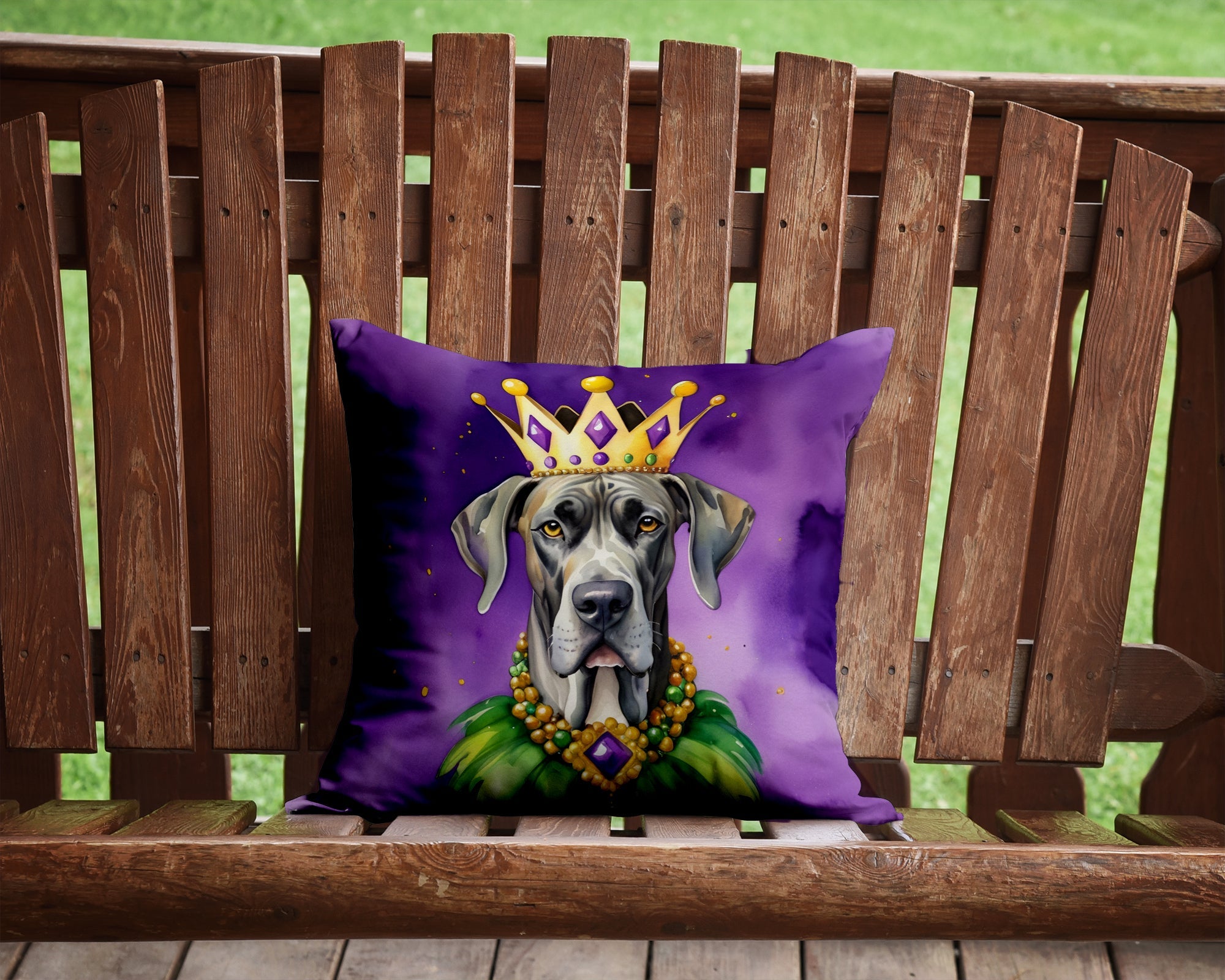 Great Dane King of Mardi Gras Decorative Throw Pillow 14x14 Indoor Outdoor Accent Cushion, Fabric Cover with Insert for Sofa, Bed, Porch & Living Room