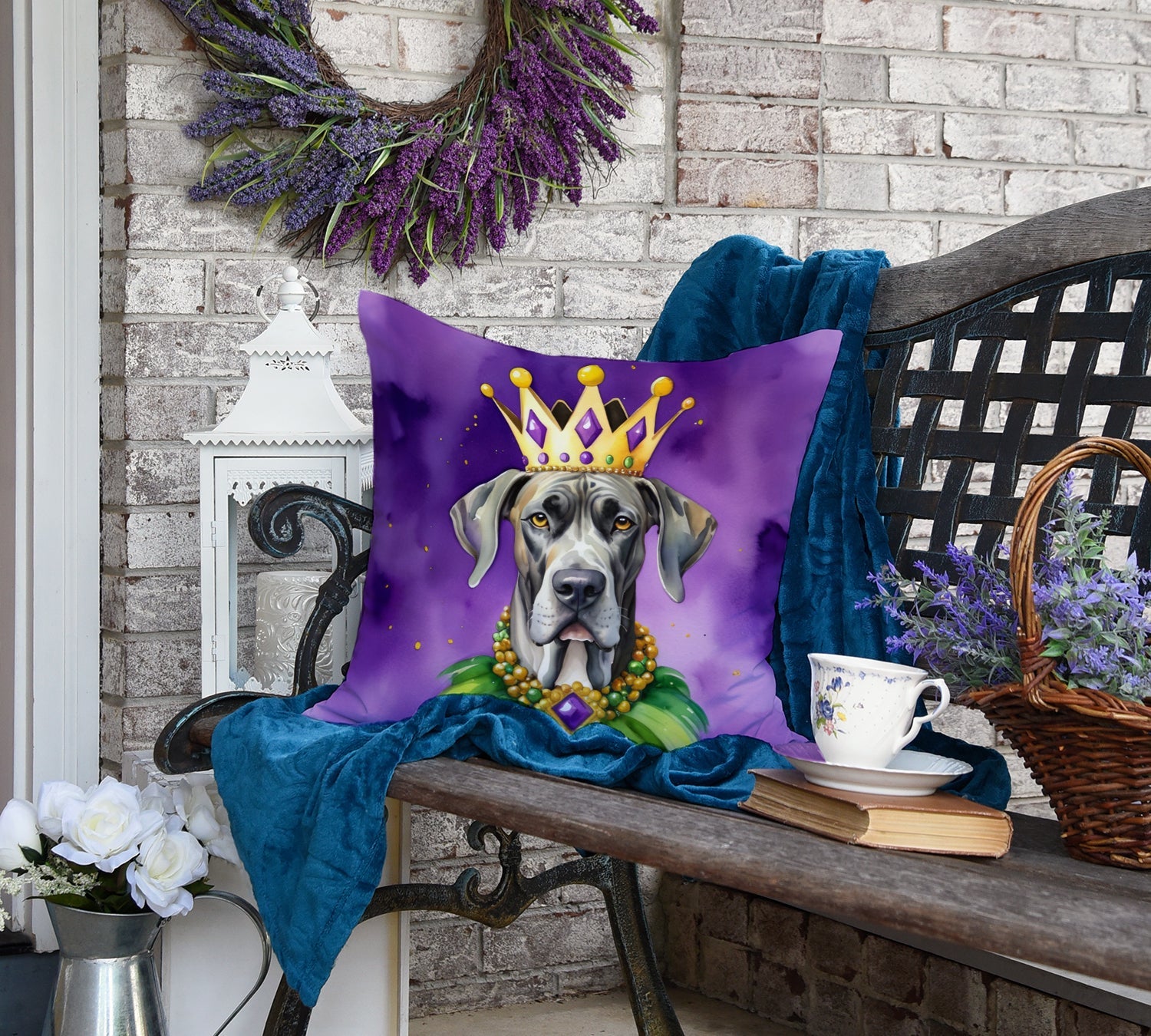 Great Dane King of Mardi Gras Decorative Throw Pillow 18x18 Indoor Outdoor Accent Cushion, Fabric Cover with Insert for Sofa, Bed, Porch & Living Room