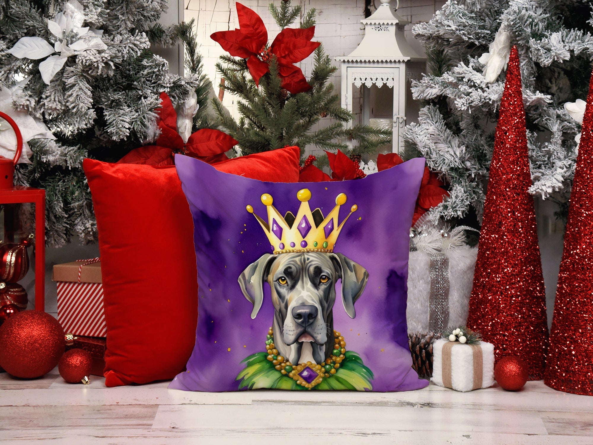 Great Dane King of Mardi Gras Decorative Throw Pillow 18x18 Indoor Outdoor Accent Cushion, Fabric Cover with Insert for Sofa, Bed, Porch & Living Room