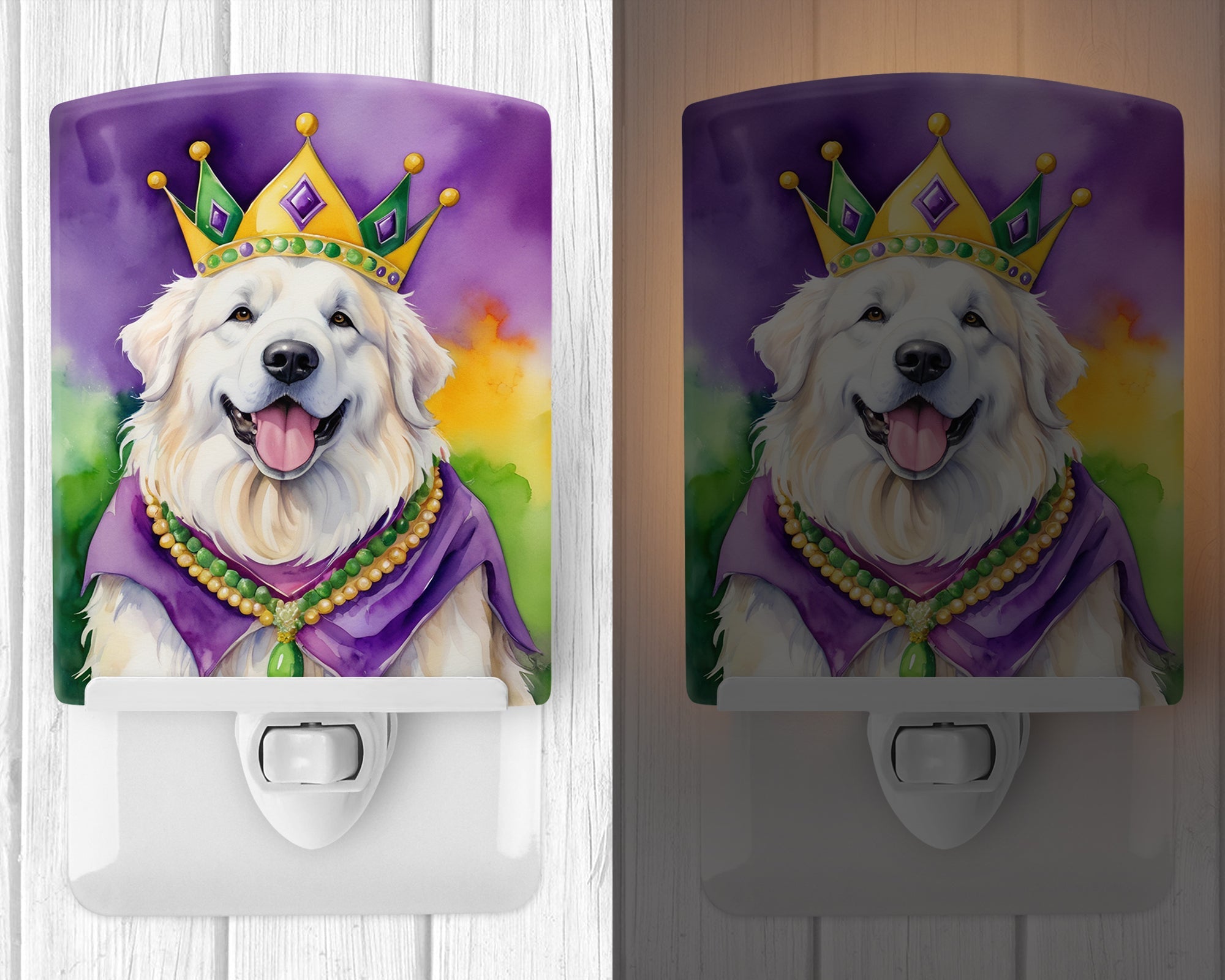 Great Pyrenees King of Mardi Gras Ceramic Night Light Compact, UL-Certified, Ideal for Bedroom, Bathroom, Nursery, Hallway, Kitchen, 6x4x3, Multicolor