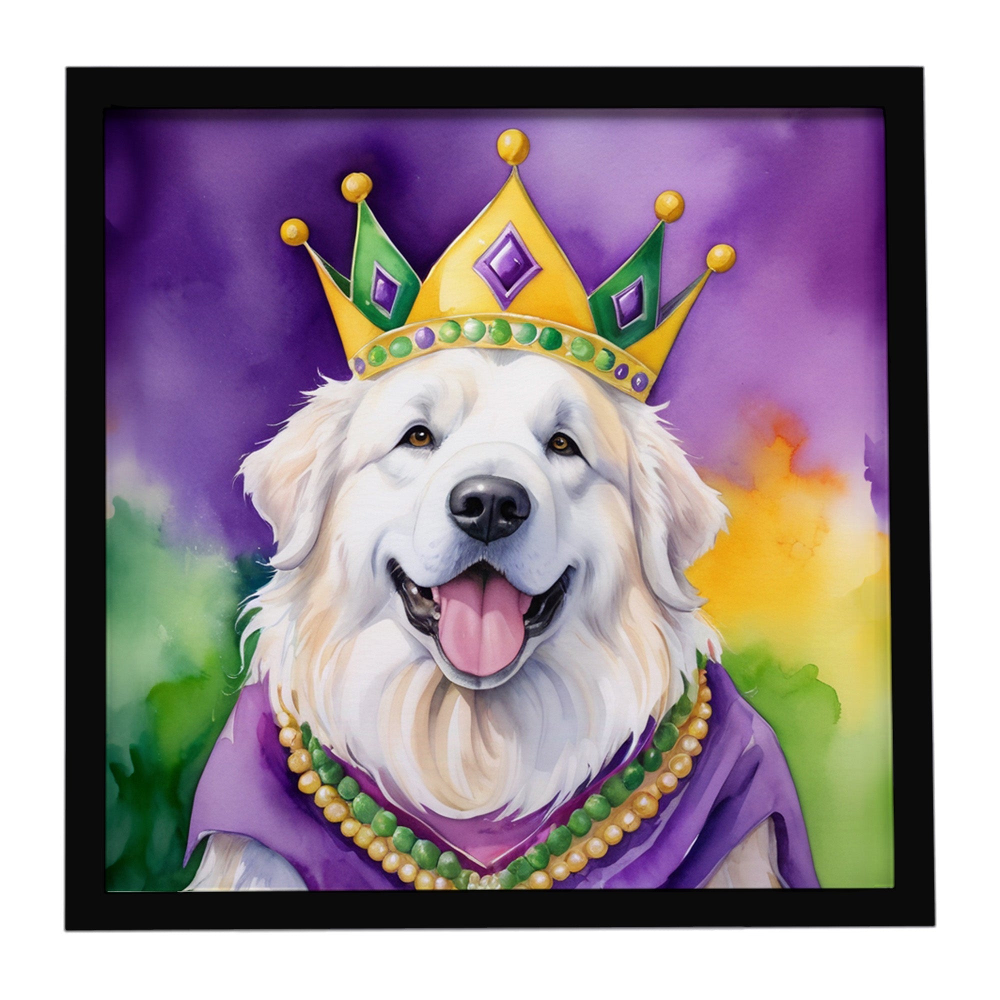 Great Pyrenees King of Mardi Gras Framed Metal Print Bathroom, Kitchen, Office, Home Decor Wall Art Ready to Hang, Square, 8X8