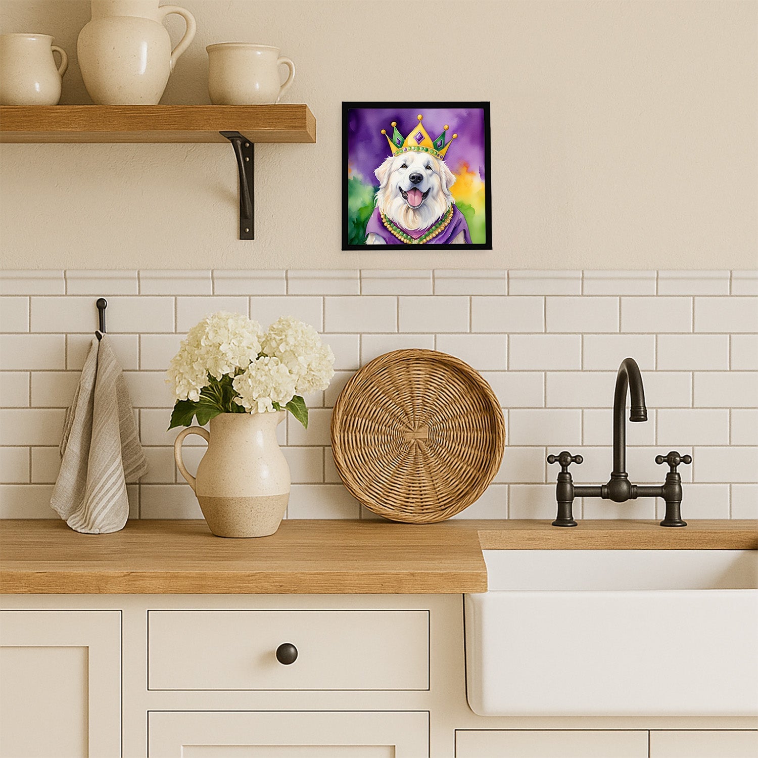 Great Pyrenees King of Mardi Gras Framed Metal Print Bathroom, Kitchen, Office, Home Decor Wall Art Ready to Hang, Square, 8X8