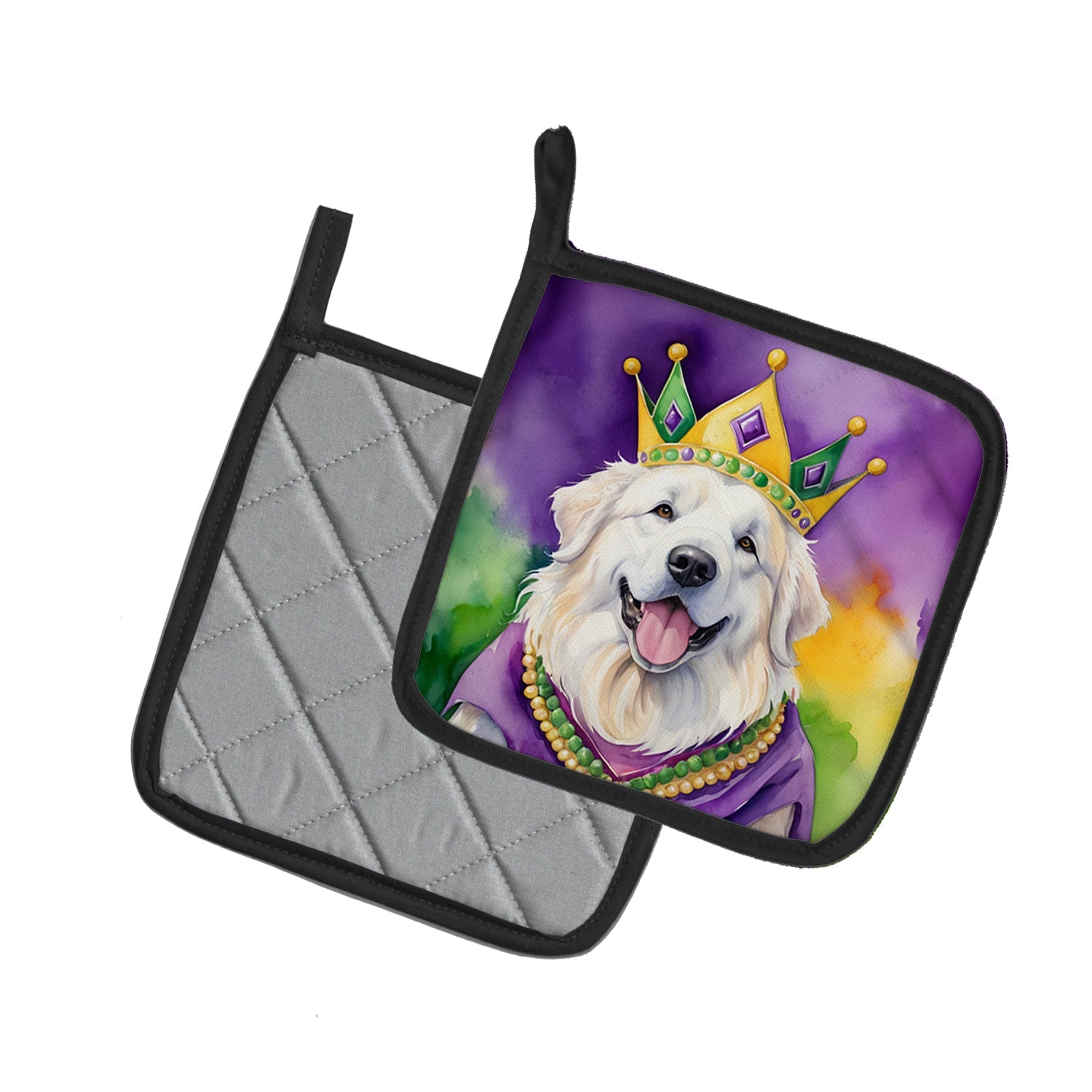 Great Pyrenees King of Mardi Gras Pot Holder Set of 2 Heat Resistant Quilted Hot Pads 7.5 x 7.5 Inch, Insulated Kitchen Trivets for Cooking & Baking