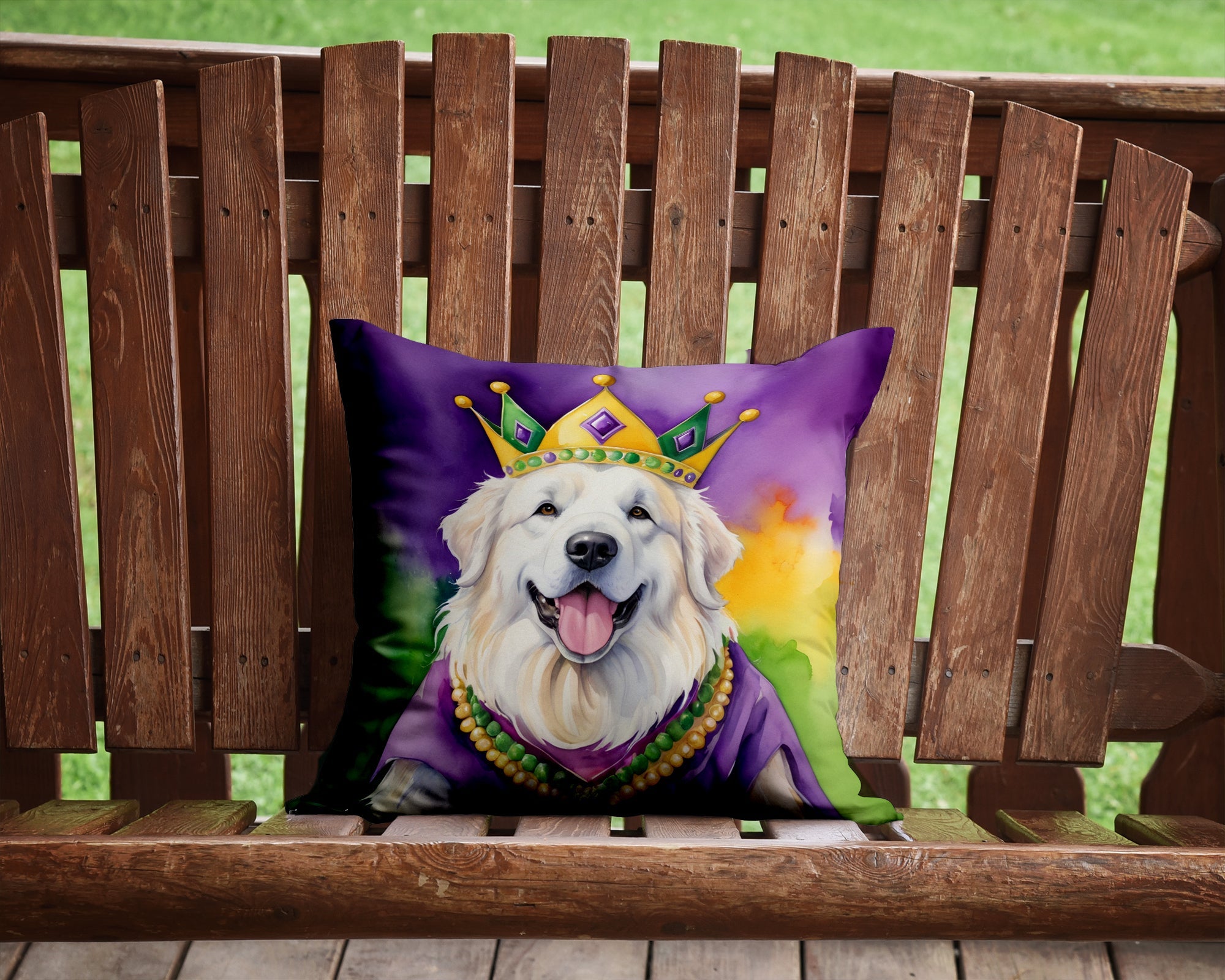 Great Pyrenees King of Mardi Gras Decorative Throw Pillow 14x14 Indoor Outdoor Accent Cushion, Fabric Cover with Insert for Sofa, Bed, Porch & Living Room