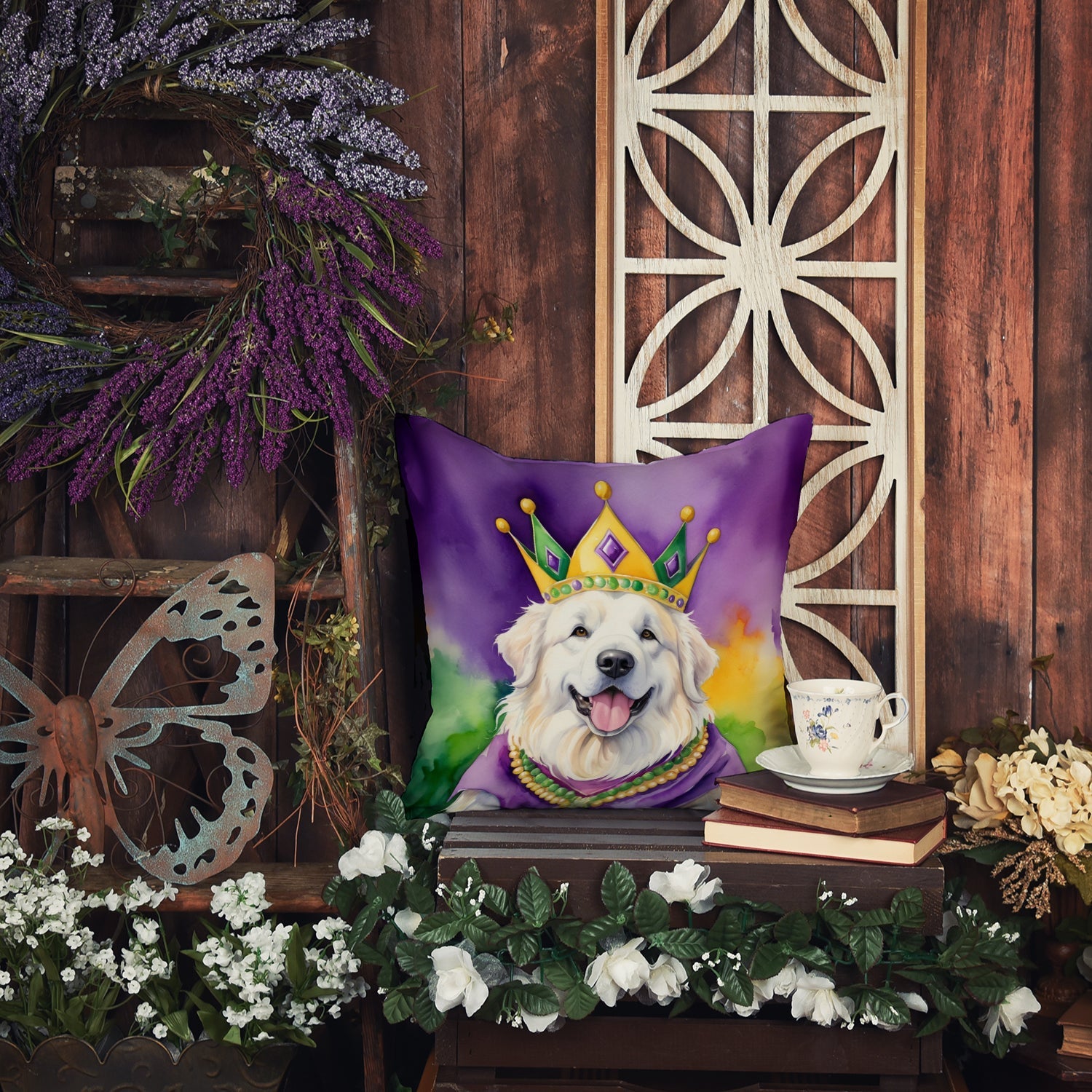 Great Pyrenees King of Mardi Gras Decorative Throw Pillow 18x18 Indoor Outdoor Accent Cushion, Fabric Cover with Insert for Sofa, Bed, Porch & Living Room