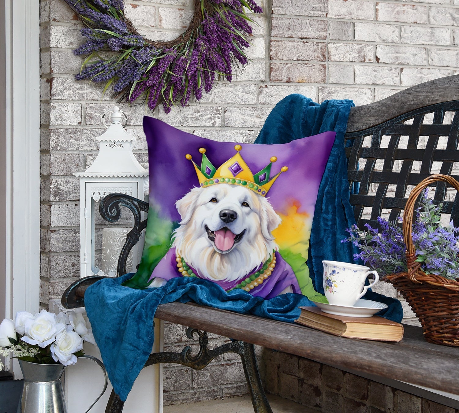 Great Pyrenees King of Mardi Gras Decorative Throw Pillow 18x18 Indoor Outdoor Accent Cushion, Fabric Cover with Insert for Sofa, Bed, Porch & Living Room