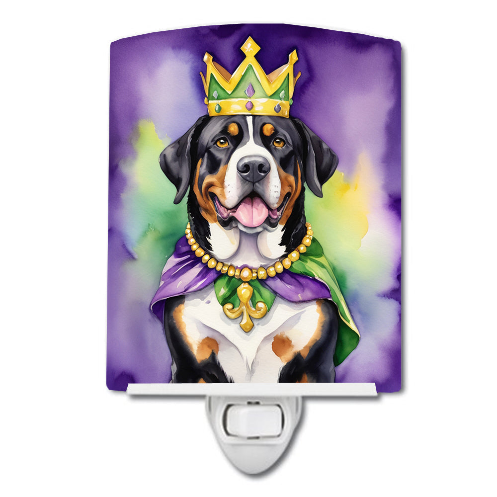 Greater Swiss Mountain Dog King of Mardi Gras Ceramic Night Light Compact, UL-Certified, Ideal for Bedroom, Bathroom, Nursery, Hallway, Kitchen, 6x4x3, Multicolor