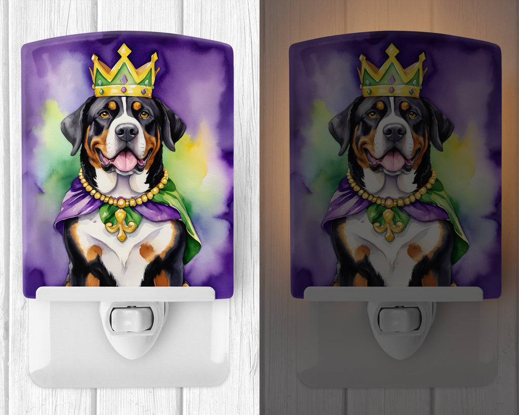 Greater Swiss Mountain Dog King of Mardi Gras Ceramic Night Light Compact, UL-Certified, Ideal for Bedroom, Bathroom, Nursery, Hallway, Kitchen, 6x4x3, Multicolor