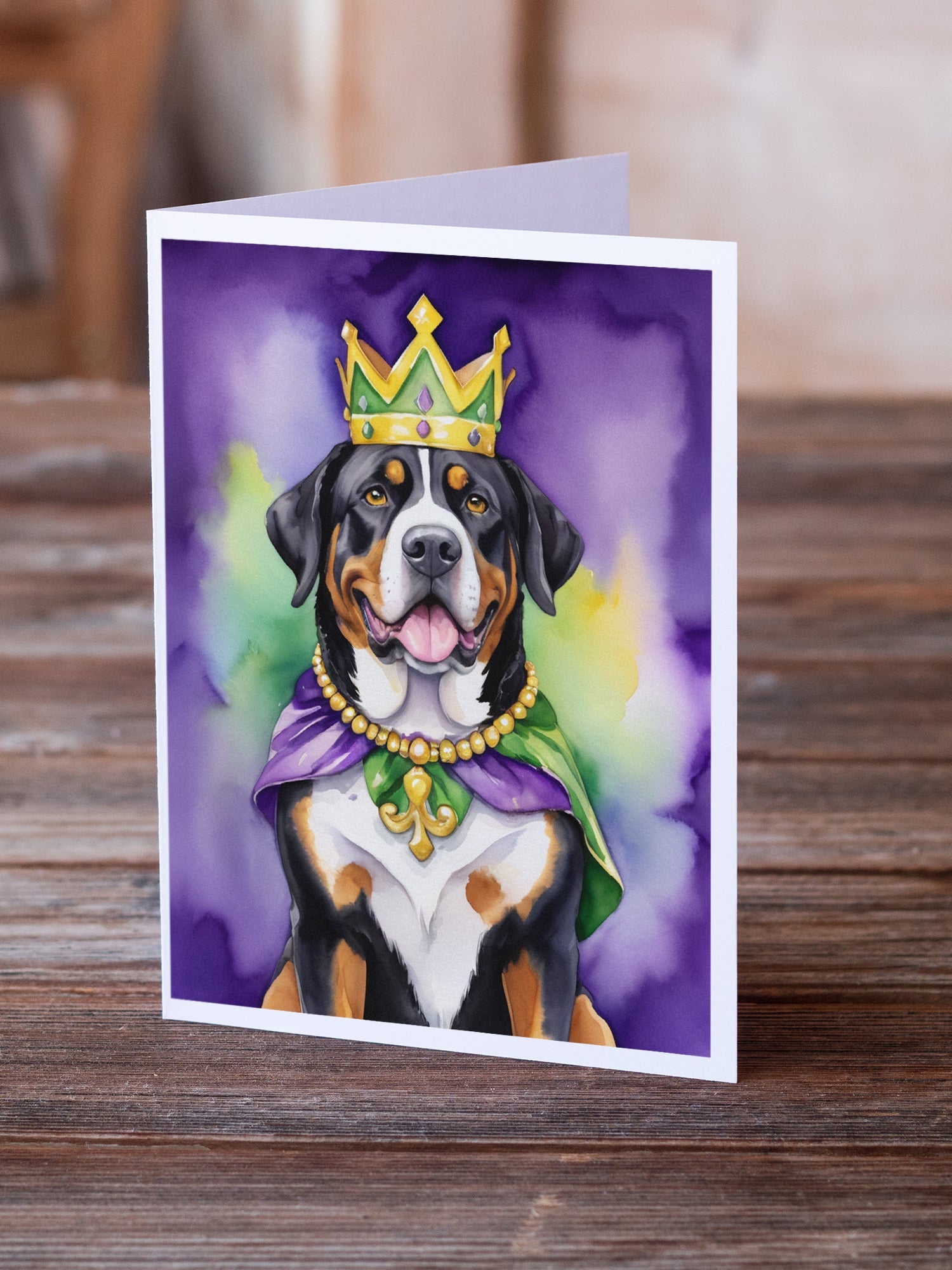 Greater Swiss Mountain Dog King of Mardi Gras Greeting Cards Pack of 8 Blank Cards with Envelopes Whimsical A7 Size 5x7