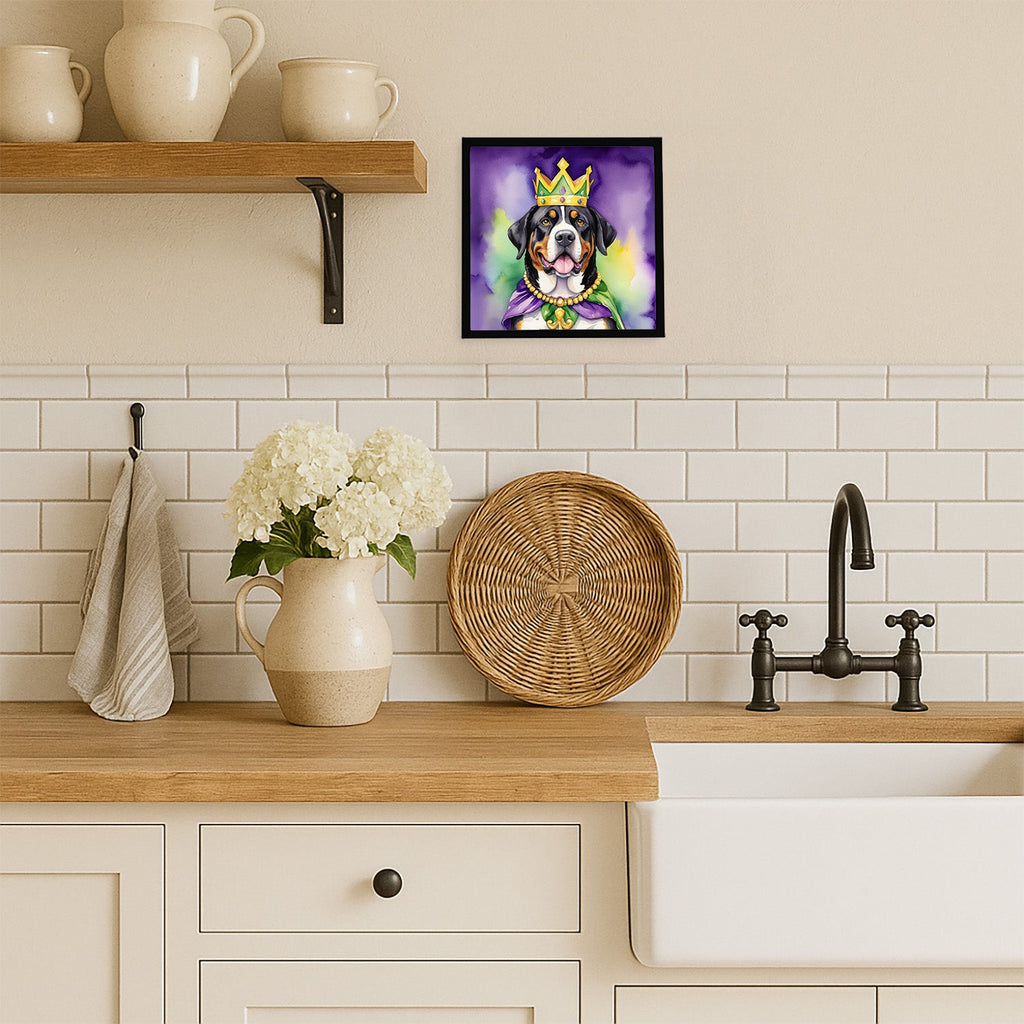 Greater Swiss Mountain Dog King of Mardi Gras Framed Metal Print Bathroom, Kitchen, Office, Home Decor Wall Art Ready to Hang, Square, 8X8