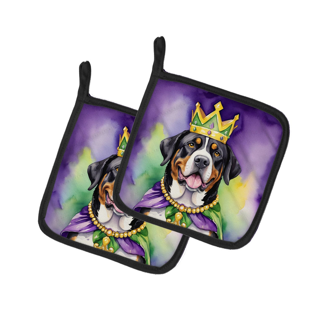 Greater Swiss Mountain Dog King of Mardi Gras Pot Holder Set of 2 Heat Resistant Quilted Hot Pads 7.5 x 7.5 Inch, Insulated Kitchen Trivets for Cooking & Baking