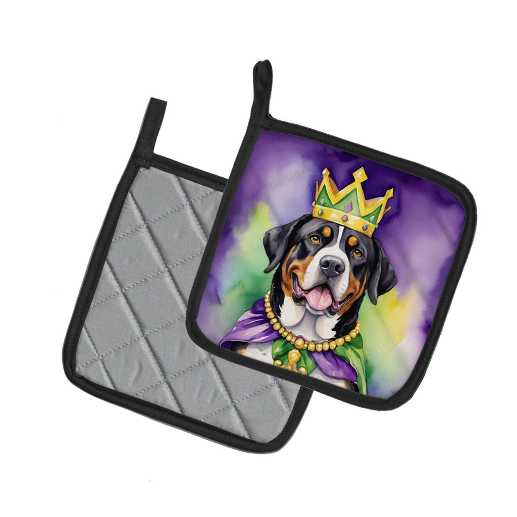 Greater Swiss Mountain Dog King of Mardi Gras Pot Holder Set of 2 Heat Resistant Quilted Hot Pads 7.5 x 7.5 Inch, Insulated Kitchen Trivets for Cooking & Baking