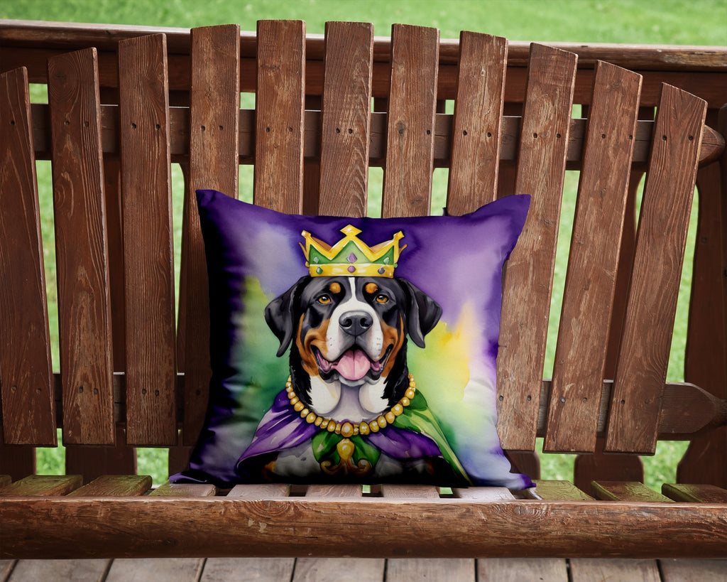 Greater Swiss Mountain Dog King of Mardi Gras Decorative Throw Pillow 14x14 Indoor Outdoor Accent Cushion, Fabric Cover with Insert for Sofa, Bed, Porch & Living Room