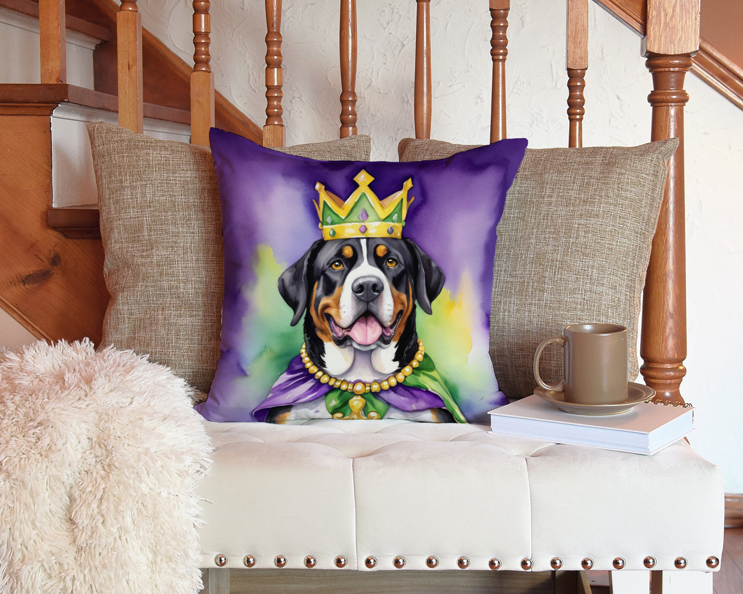 Greater Swiss Mountain Dog King of Mardi Gras Decorative Throw Pillow 14x14 Indoor Outdoor Accent Cushion, Fabric Cover with Insert for Sofa, Bed, Porch & Living Room
