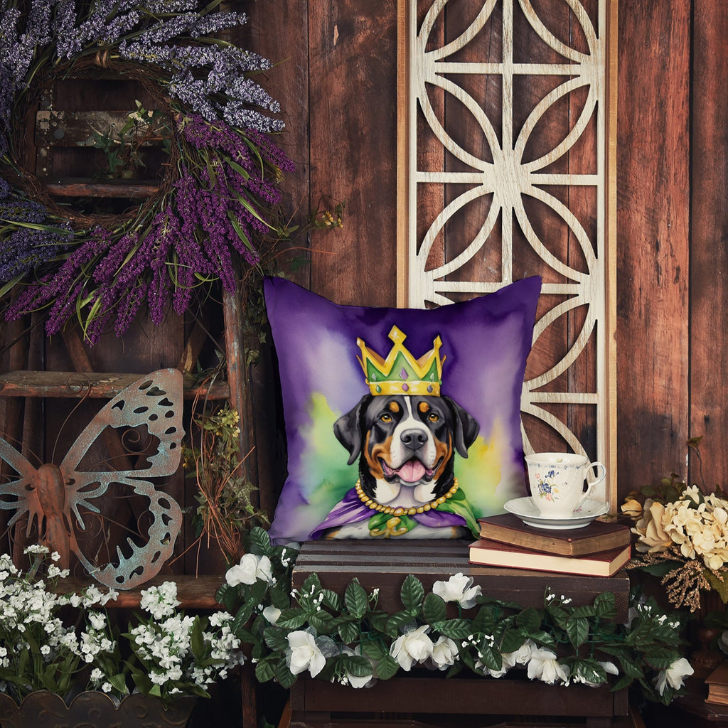 Greater Swiss Mountain Dog King of Mardi Gras Decorative Throw Pillow 14x14 Indoor Outdoor Accent Cushion, Fabric Cover with Insert for Sofa, Bed, Porch & Living Room
