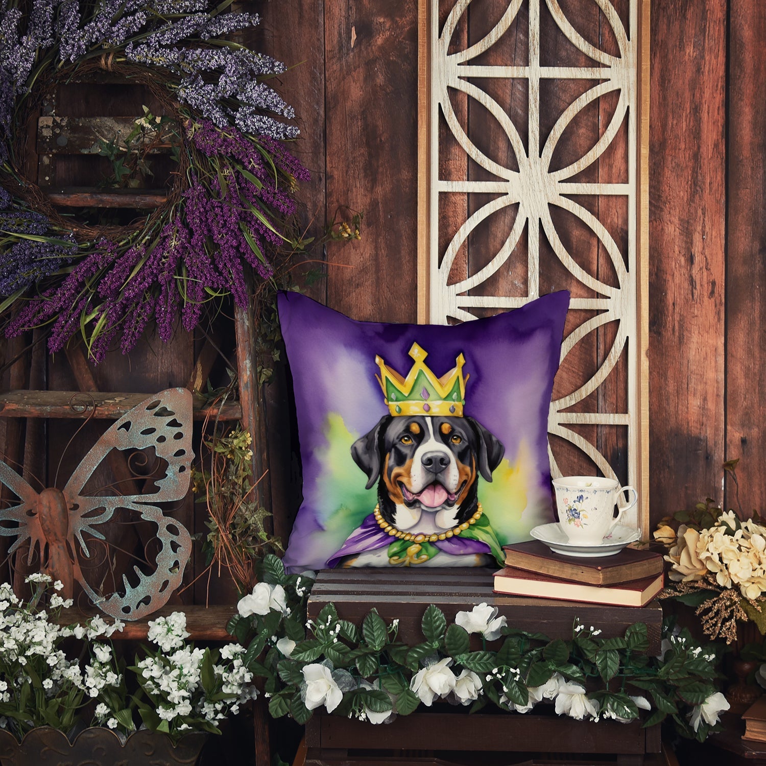 Greater Swiss Mountain Dog King of Mardi Gras Decorative Throw Pillow 14x14 Indoor Outdoor Accent Cushion, Fabric Cover with Insert for Sofa, Bed, Porch & Living Room