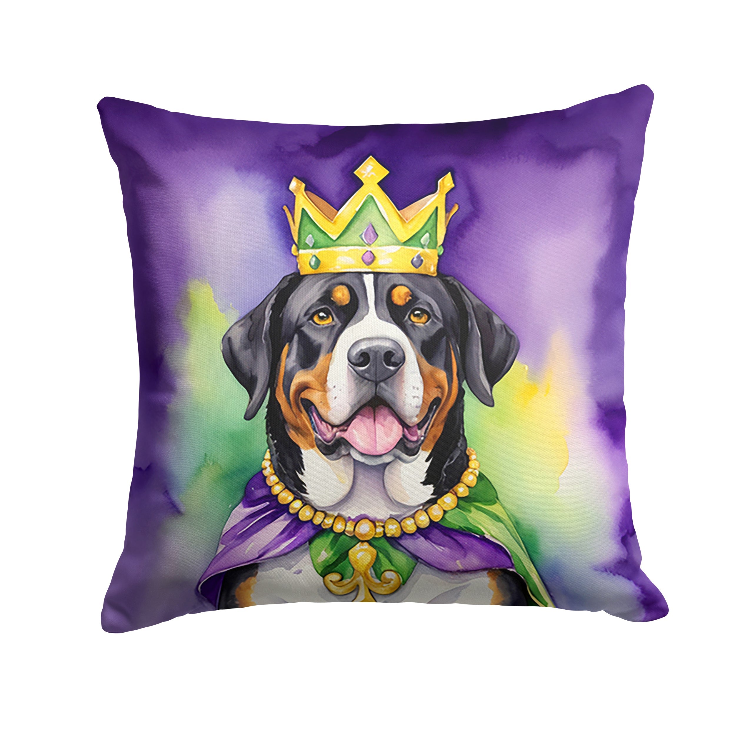 Greater Swiss Mountain Dog King of Mardi Gras Decorative Throw Pillow 18x18 Indoor Outdoor Accent Cushion, Fabric Cover with Insert for Sofa, Bed, Porch & Living Room