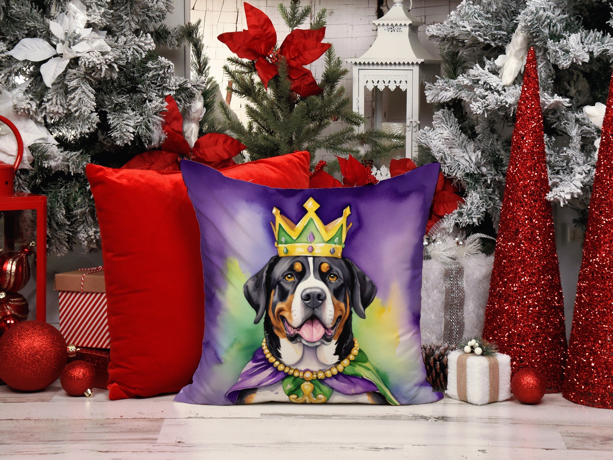 Greater Swiss Mountain Dog King of Mardi Gras Decorative Throw Pillow 18x18 Indoor Outdoor Accent Cushion, Fabric Cover with Insert for Sofa, Bed, Porch & Living Room
