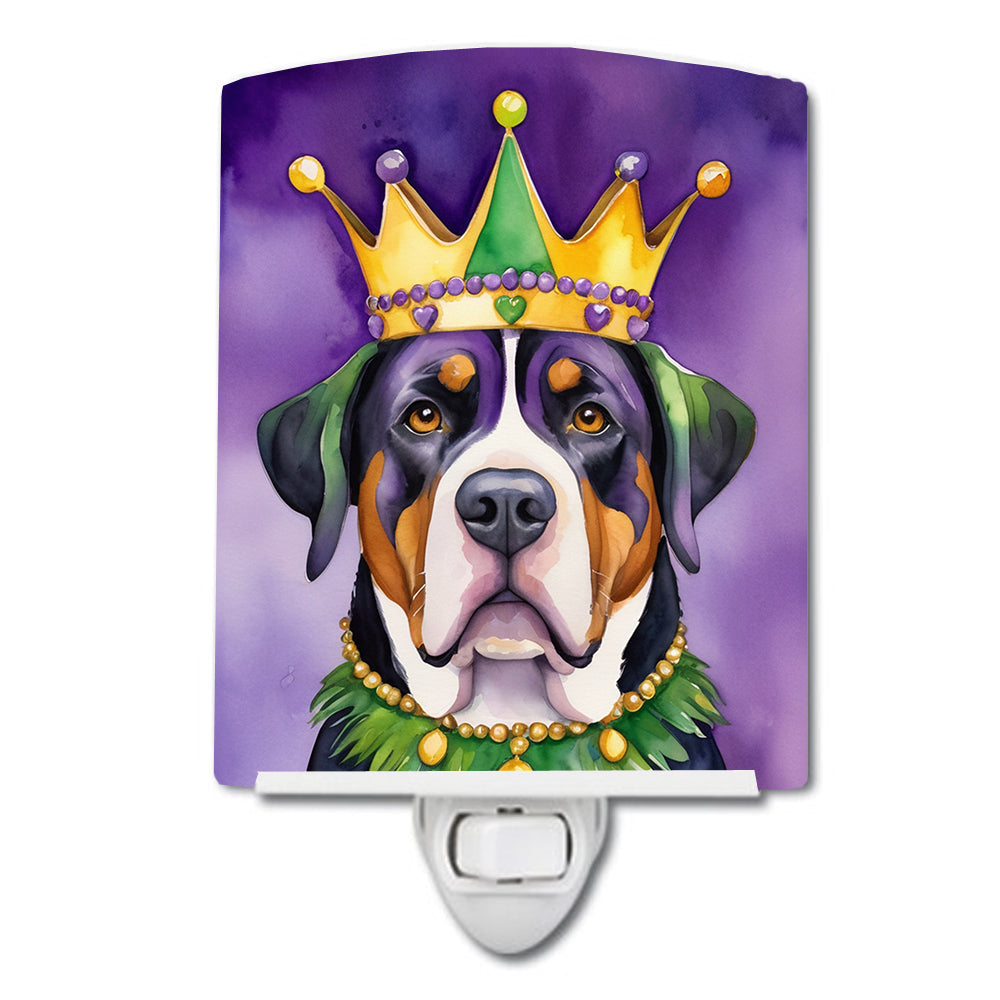 Greater Swiss Mountain Dog King of Mardi Gras Ceramic Night Light Compact, UL-Certified, Ideal for Bedroom, Bathroom, Nursery, Hallway, Kitchen, 6x4x3, Multicolor