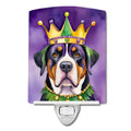Greater Swiss Mountain Dog King of Mardi Gras Ceramic Night Light Compact, UL-Certified, Ideal for Bedroom, Bathroom, Nursery, Hallway, Kitchen, 6x4x3, Multicolor