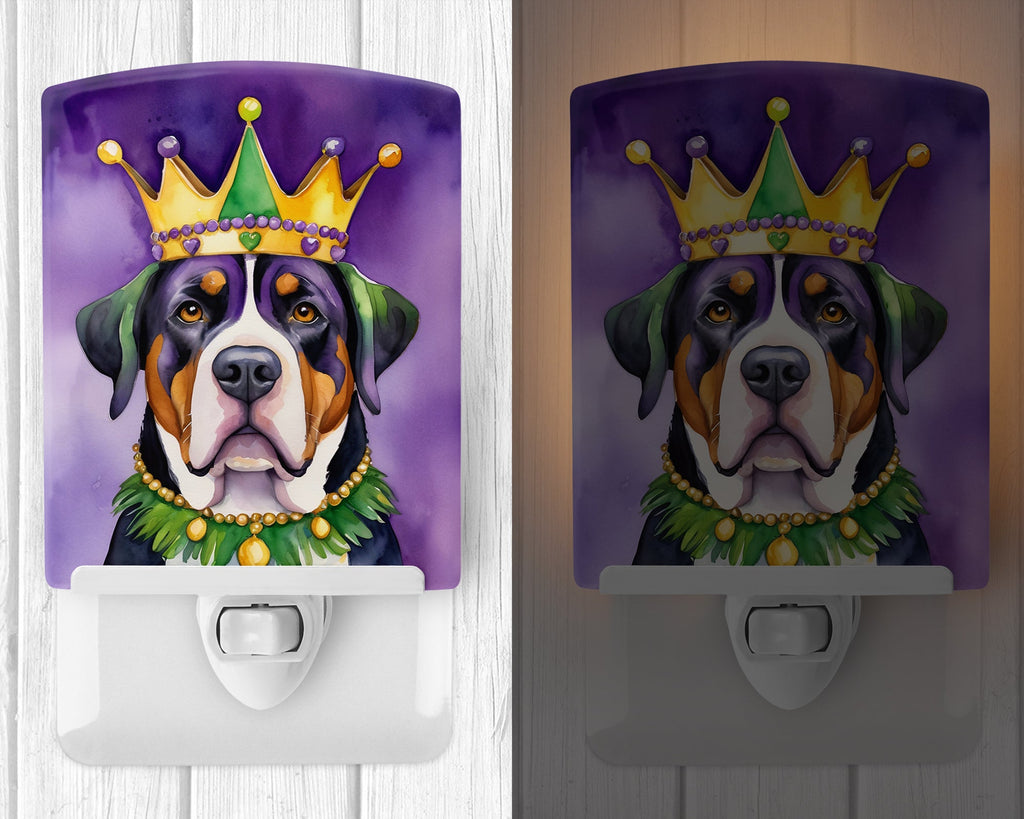 Greater Swiss Mountain Dog King of Mardi Gras Ceramic Night Light Compact, UL-Certified, Ideal for Bedroom, Bathroom, Nursery, Hallway, Kitchen, 6x4x3, Multicolor