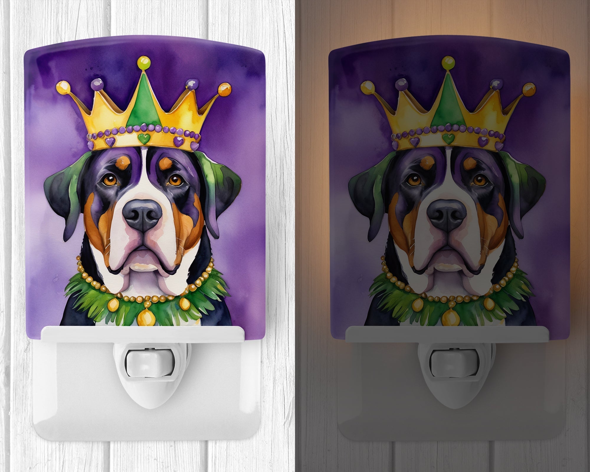 Greater Swiss Mountain Dog King of Mardi Gras Ceramic Night Light Compact, UL-Certified, Ideal for Bedroom, Bathroom, Nursery, Hallway, Kitchen, 6x4x3, Multicolor