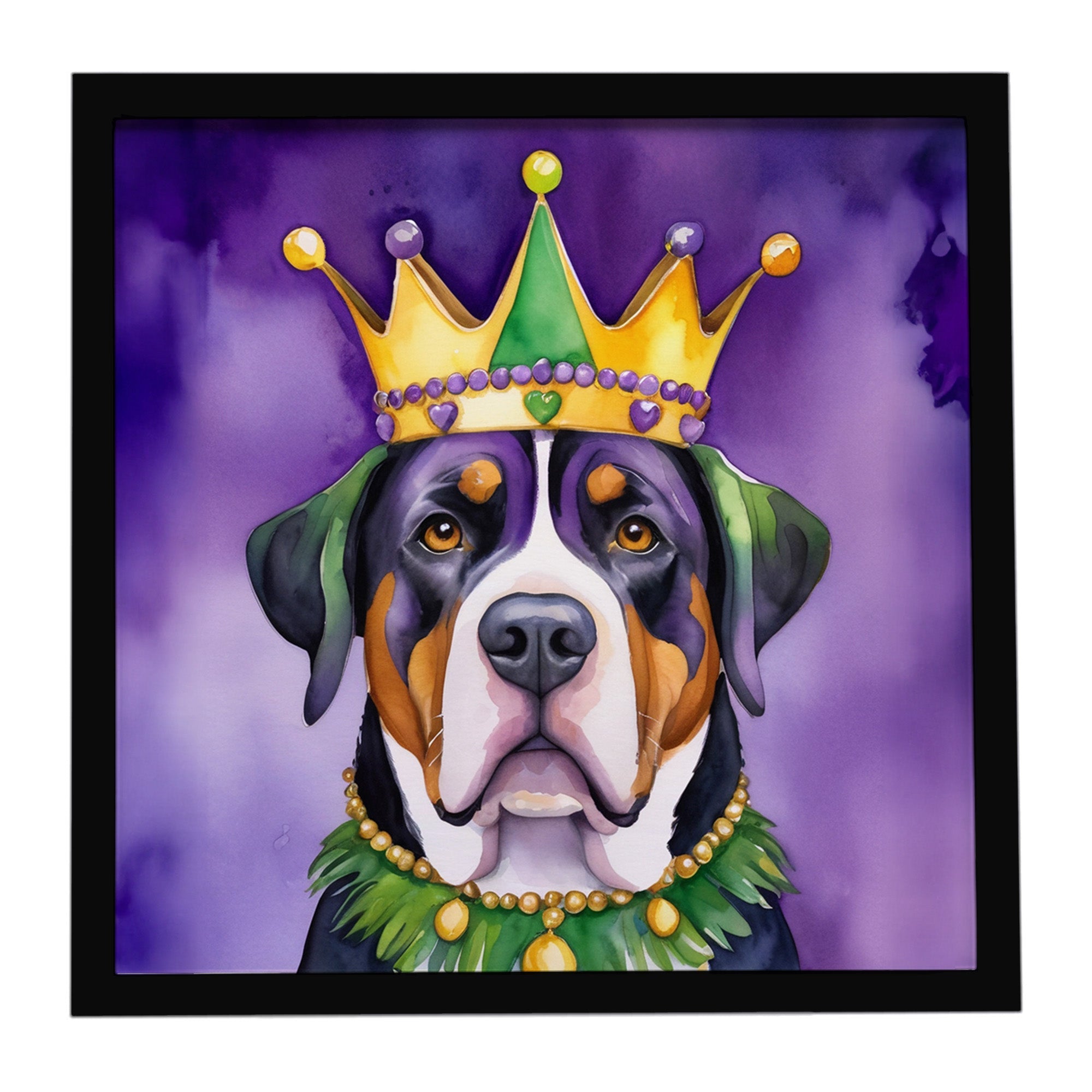 Greater Swiss Mountain Dog King of Mardi Gras Framed Metal Print Bathroom, Kitchen, Office, Home Decor Wall Art Ready to Hang, Square, 8X8