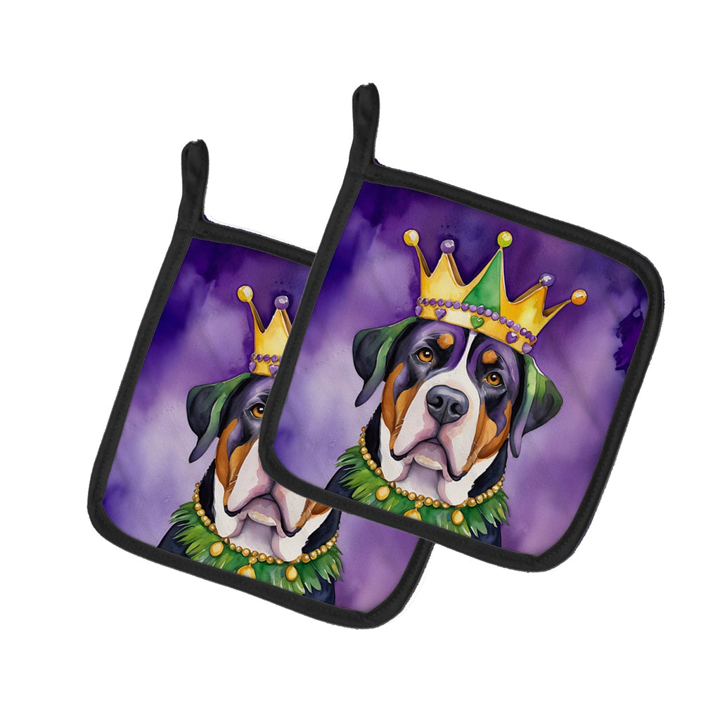 Greater Swiss Mountain Dog King of Mardi Gras Pot Holder Set of 2 Heat Resistant Quilted Hot Pads 7.5 x 7.5 Inch, Insulated Kitchen Trivets for Cooking & Baking