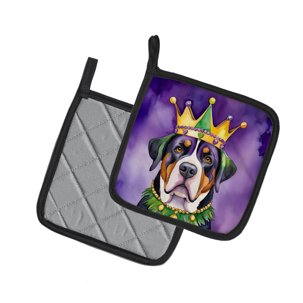 Greater Swiss Mountain Dog King of Mardi Gras Pot Holder Set of 2 Heat Resistant Quilted Hot Pads 7.5 x 7.5 Inch, Insulated Kitchen Trivets for Cooking & Baking