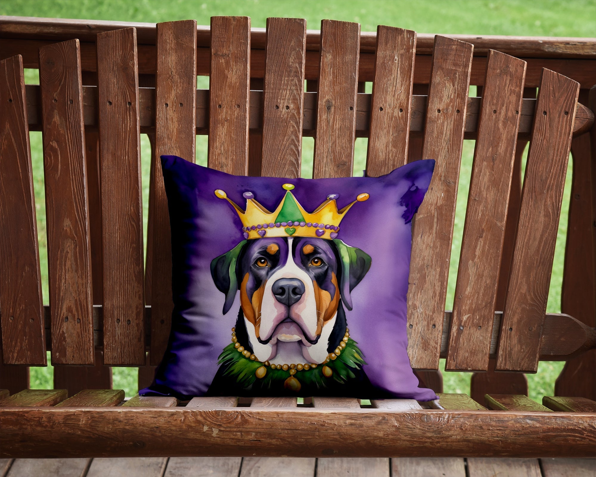 Greater Swiss Mountain Dog King of Mardi Gras Decorative Throw Pillow 14x14 Indoor Outdoor Accent Cushion, Fabric Cover with Insert for Sofa, Bed, Porch & Living Room