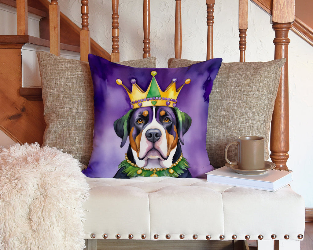 Greater Swiss Mountain Dog King of Mardi Gras Decorative Throw Pillow 14x14 Indoor Outdoor Accent Cushion, Fabric Cover with Insert for Sofa, Bed, Porch & Living Room