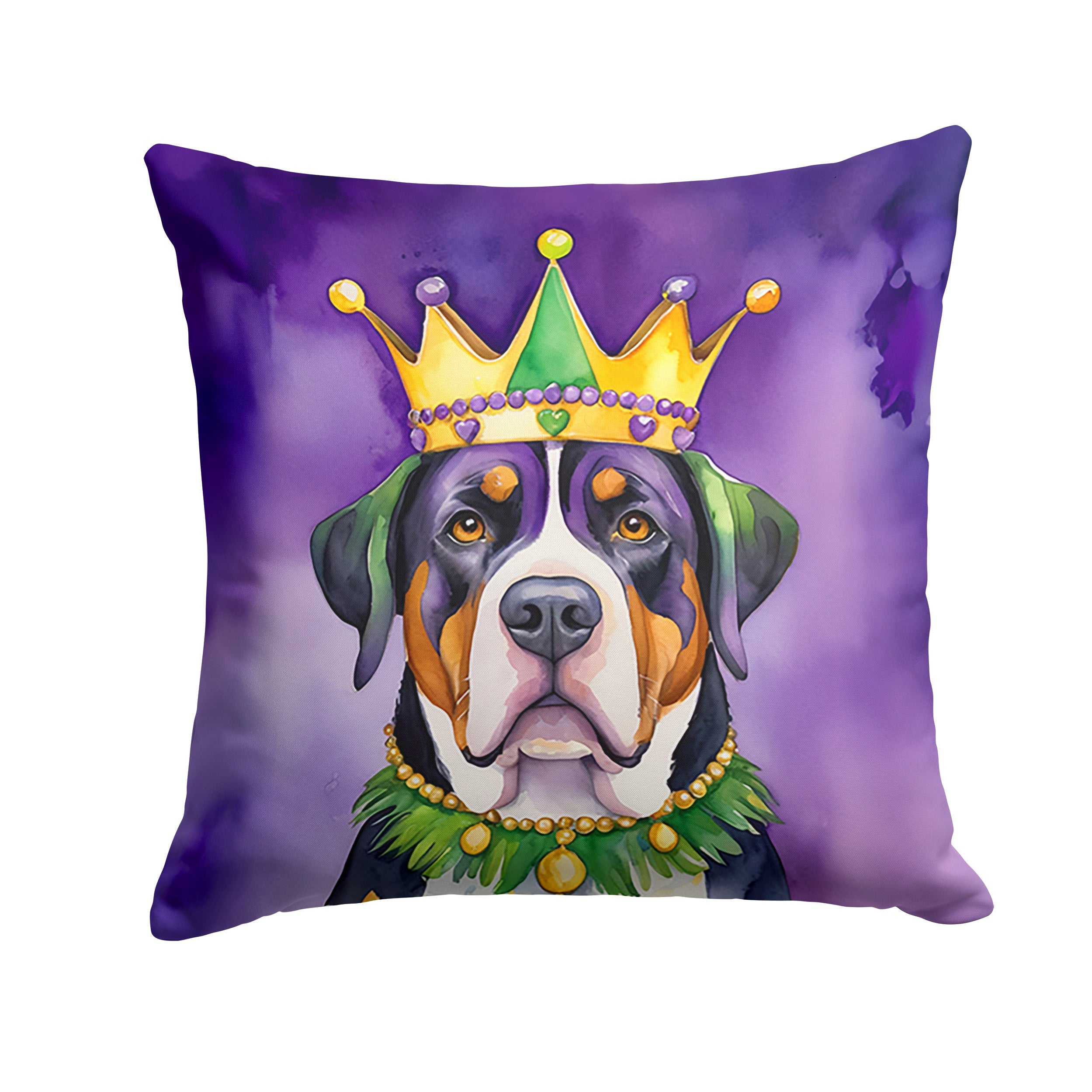 Greater Swiss Mountain Dog King of Mardi Gras Decorative Throw Pillow 18x18 Indoor Outdoor Accent Cushion, Fabric Cover with Insert for Sofa, Bed, Porch & Living Room