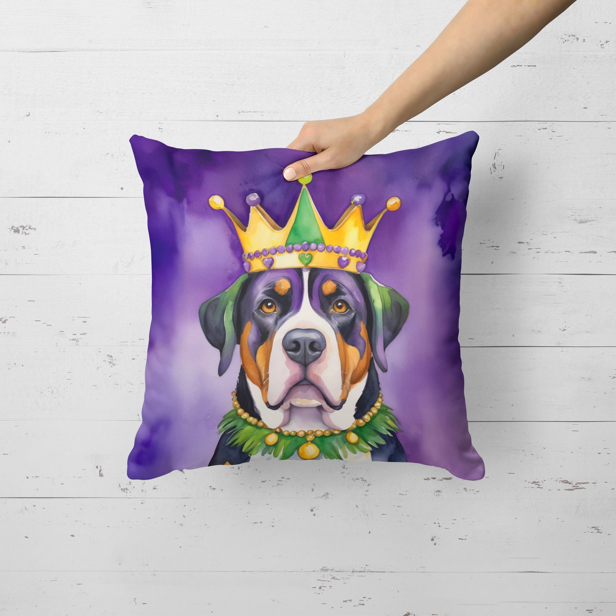 Greater Swiss Mountain Dog King of Mardi Gras Decorative Throw Pillow 18x18 Indoor Outdoor Accent Cushion, Fabric Cover with Insert for Sofa, Bed, Porch & Living Room