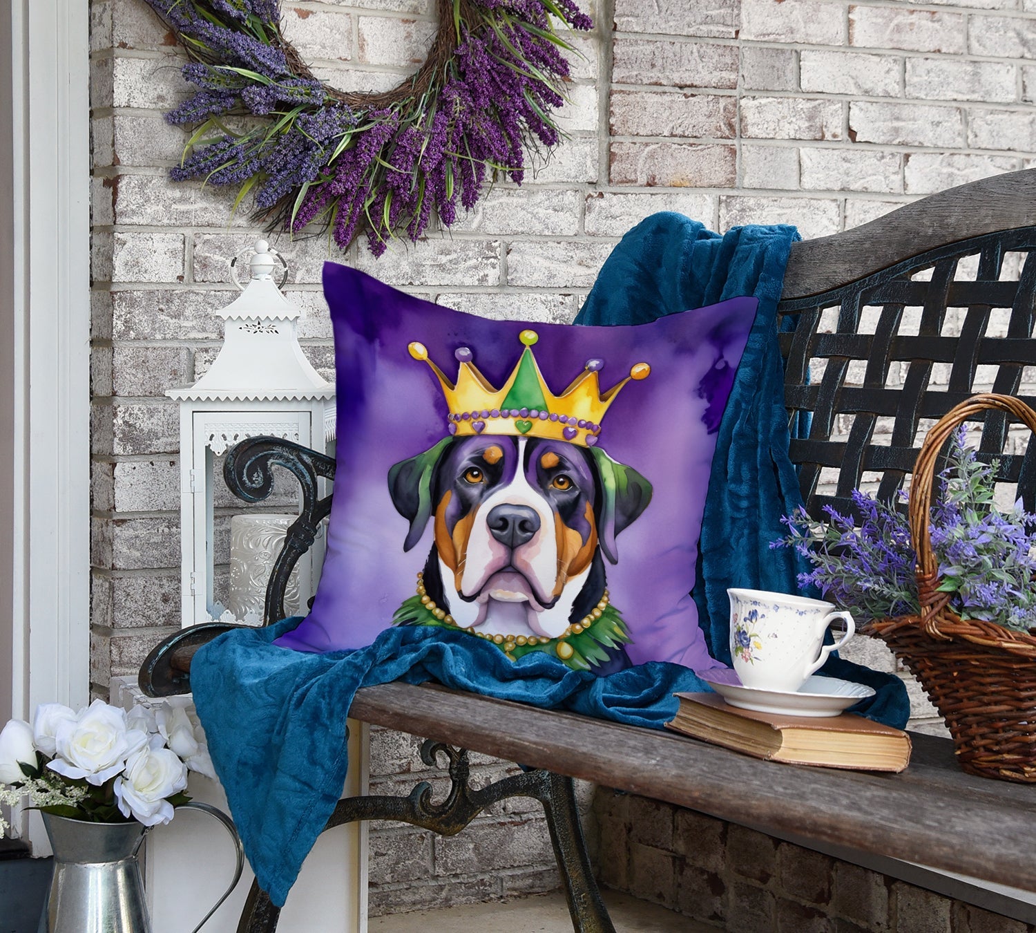Greater Swiss Mountain Dog King of Mardi Gras Decorative Throw Pillow 18x18 Indoor Outdoor Accent Cushion, Fabric Cover with Insert for Sofa, Bed, Porch & Living Room