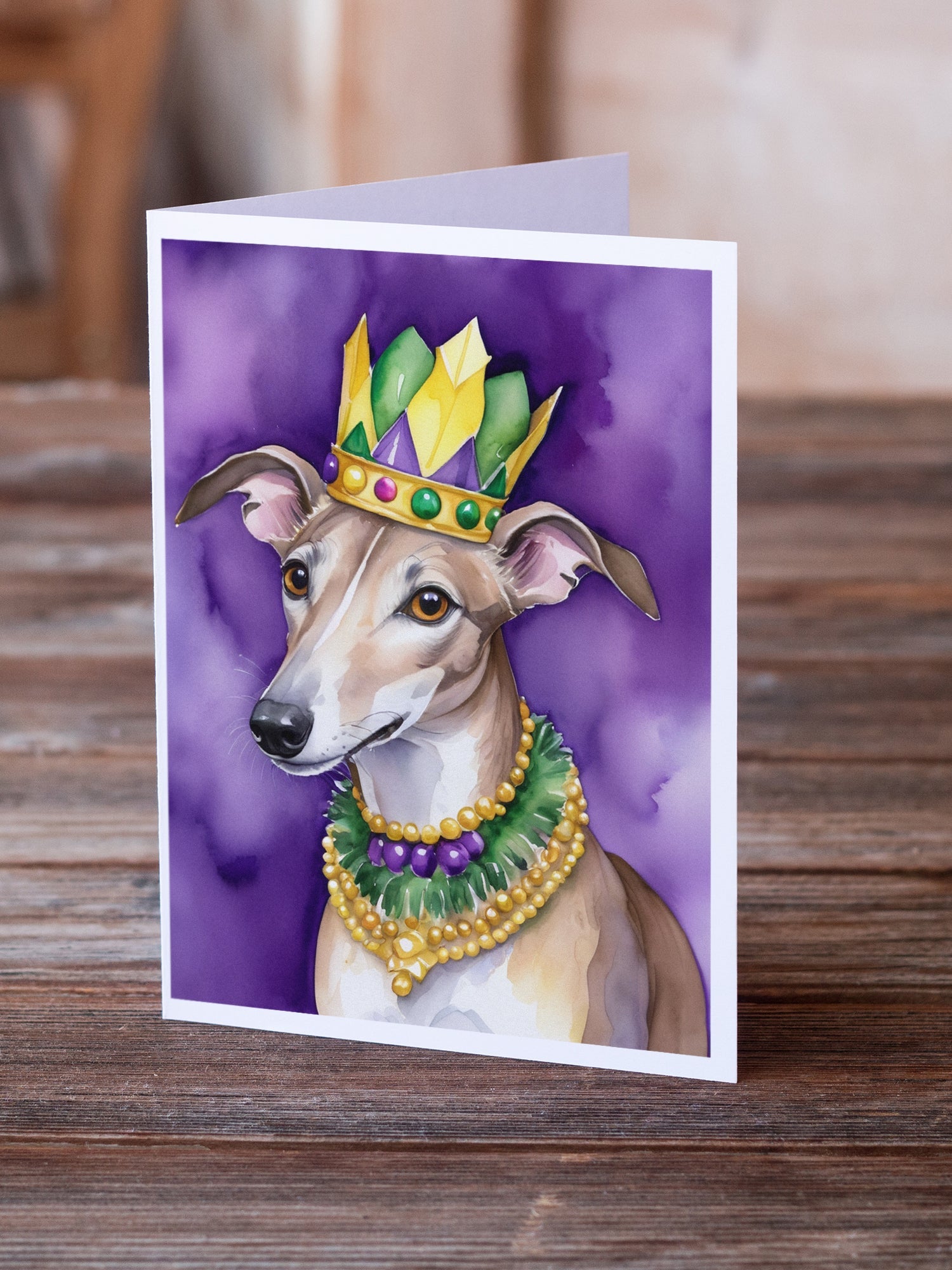Greyhound King of Mardi Gras Greeting Cards Pack of 8 Blank Cards with Envelopes Whimsical A7 Size 5x7