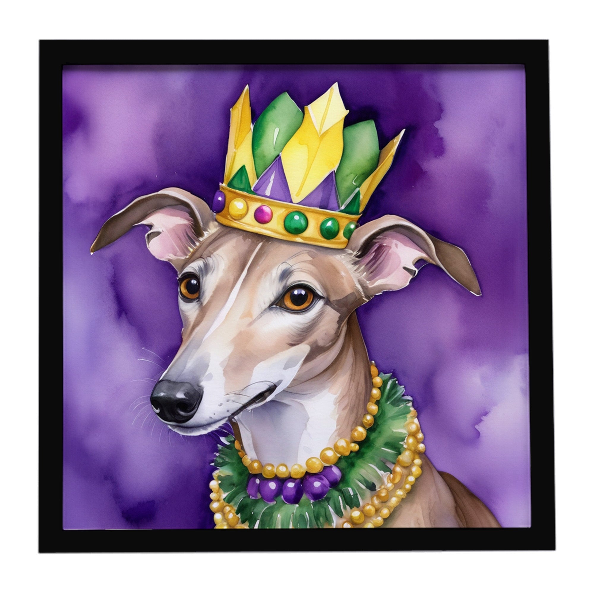 Greyhound King of Mardi Gras Framed Metal Print Bathroom, Kitchen, Office, Home Decor Wall Art Ready to Hang, Square, 8X8