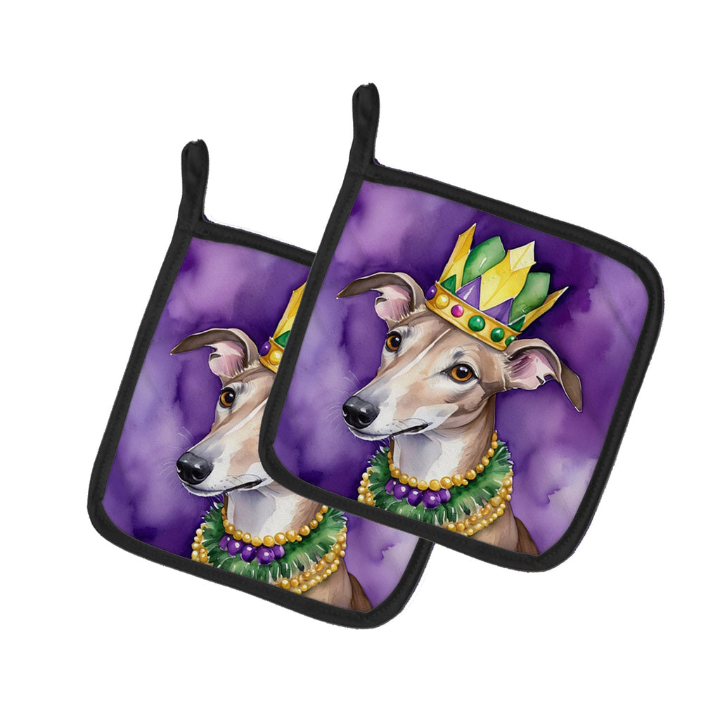 Greyhound King of Mardi Gras Pot Holder Set of 2 Heat Resistant Quilted Hot Pads 7.5 x 7.5 Inch, Insulated Kitchen Trivets for Cooking & Baking